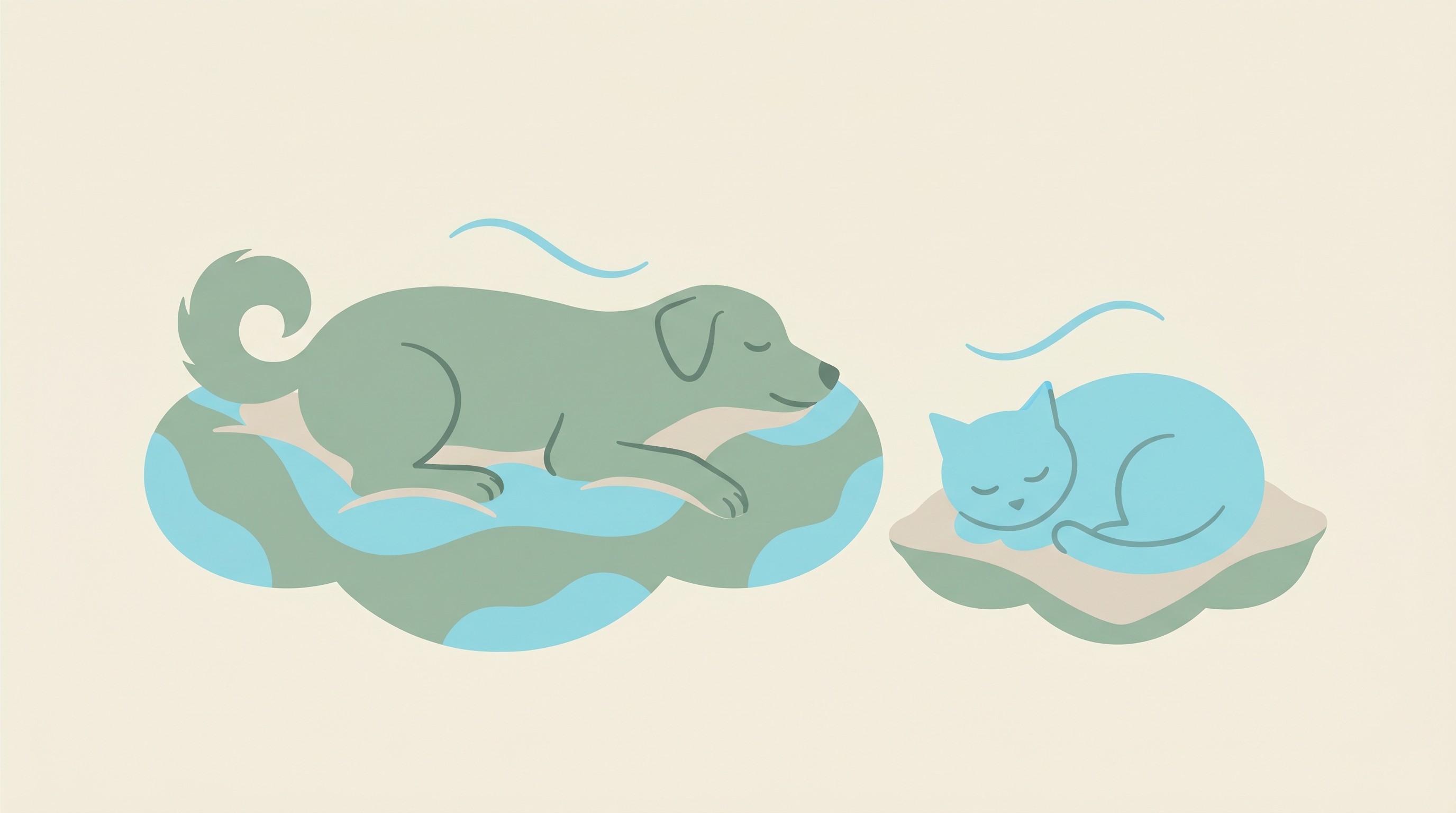 A calm dog and a calm cat resting, breathing quietly, drawn in a warm flat-vector style on a cream background