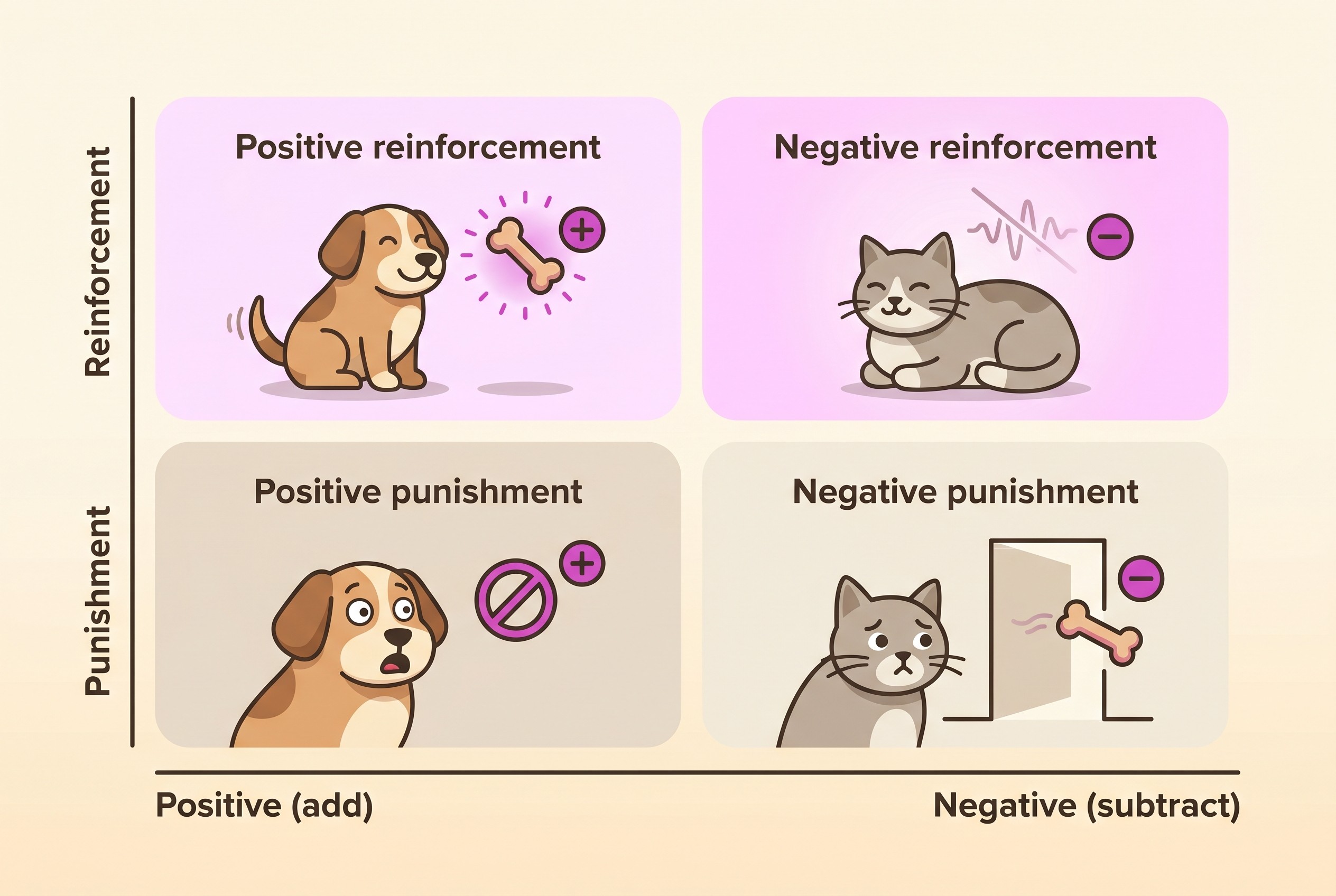 A two-by-two grid showing the four operant consequences, with positive meaning add and negative meaning subtract