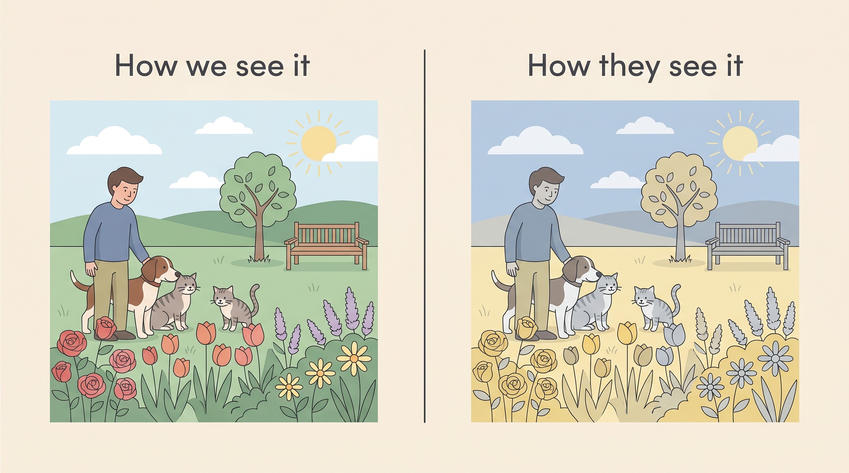 Side-by-side flat illustration of the same garden scene as a human sees it in full colour and as a dog or cat sees it, muted to blues, yellows and greys