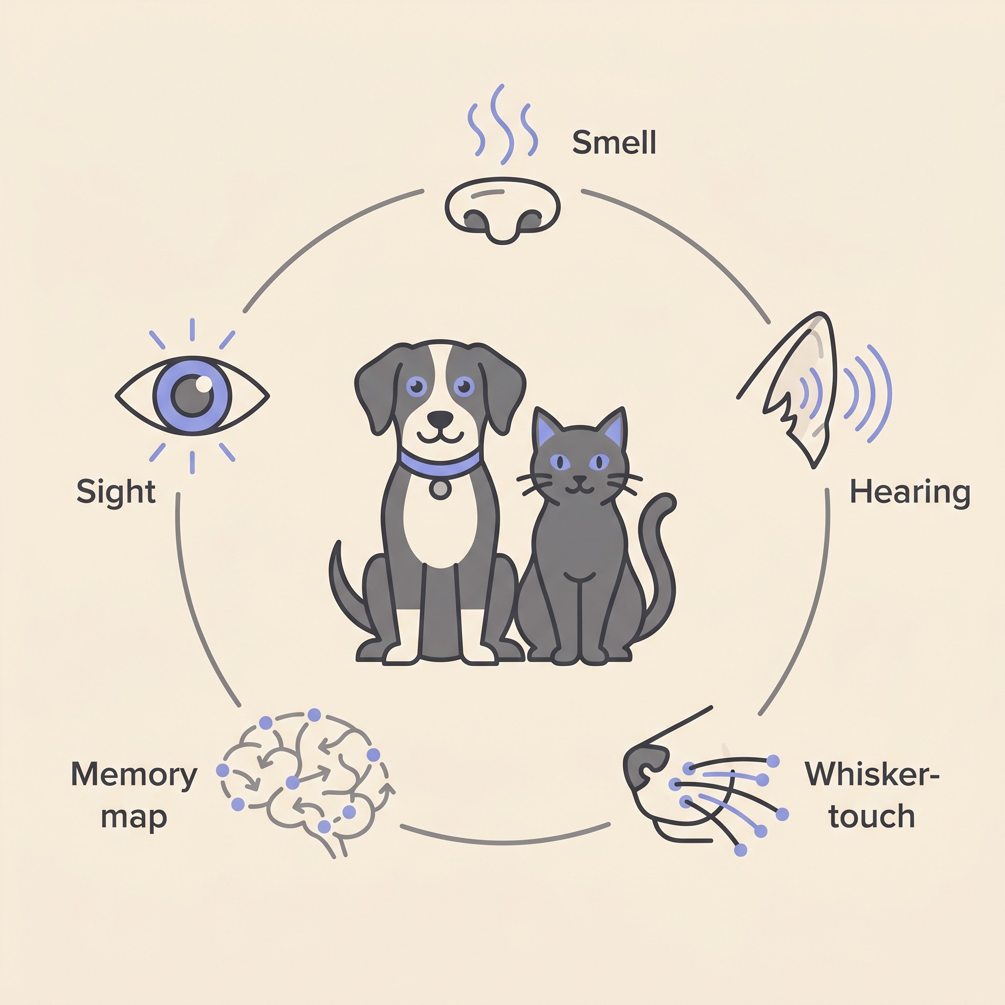 Flat illustration of a dog and a cat surrounded by labelled icons for their senses: a nose for smell, an ear for hearing, whiskers for near-field touch and a faint map outline for memory, with a smaller eye icon among them