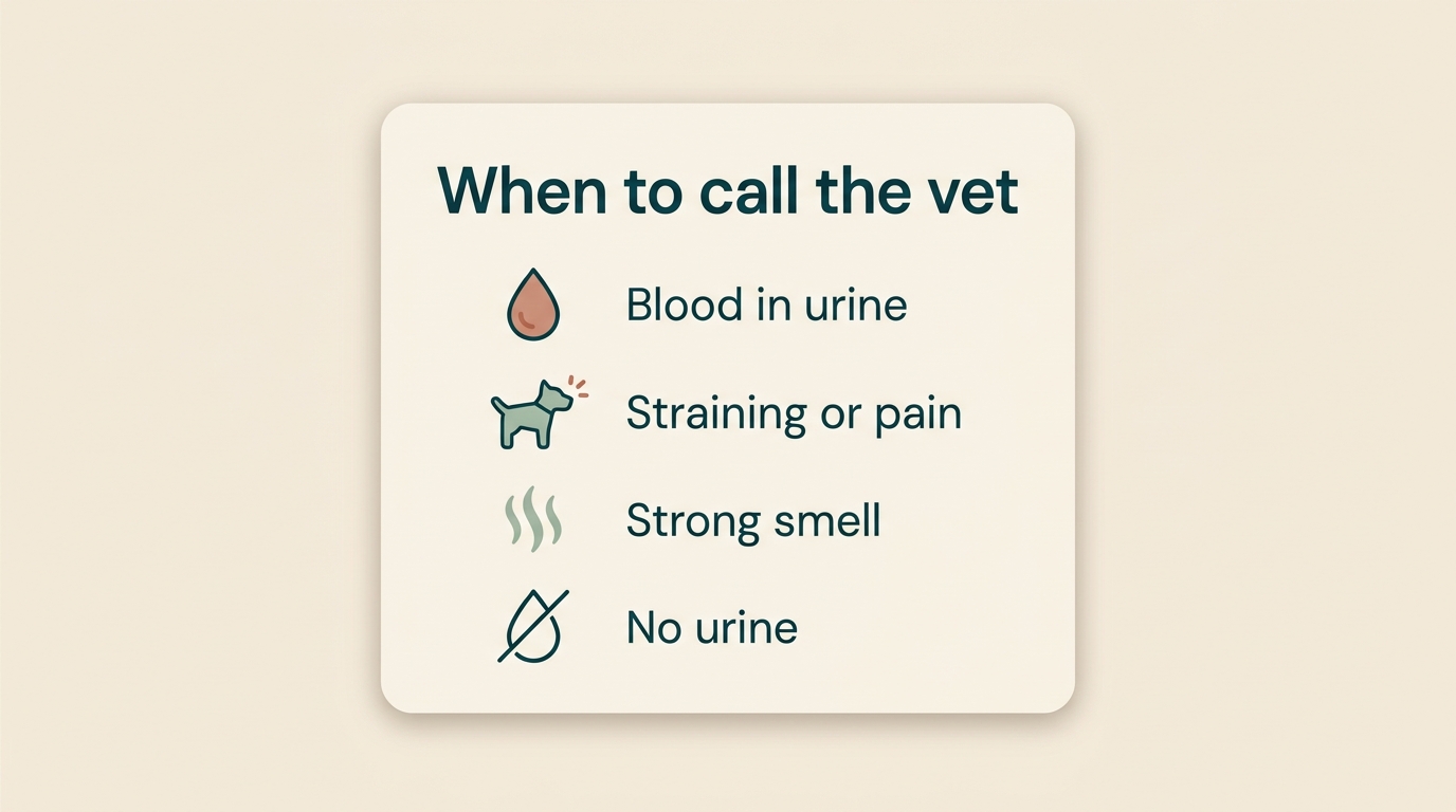 A reference card listing when to call the vet: blood in urine, straining or pain, strong smell, and no urine