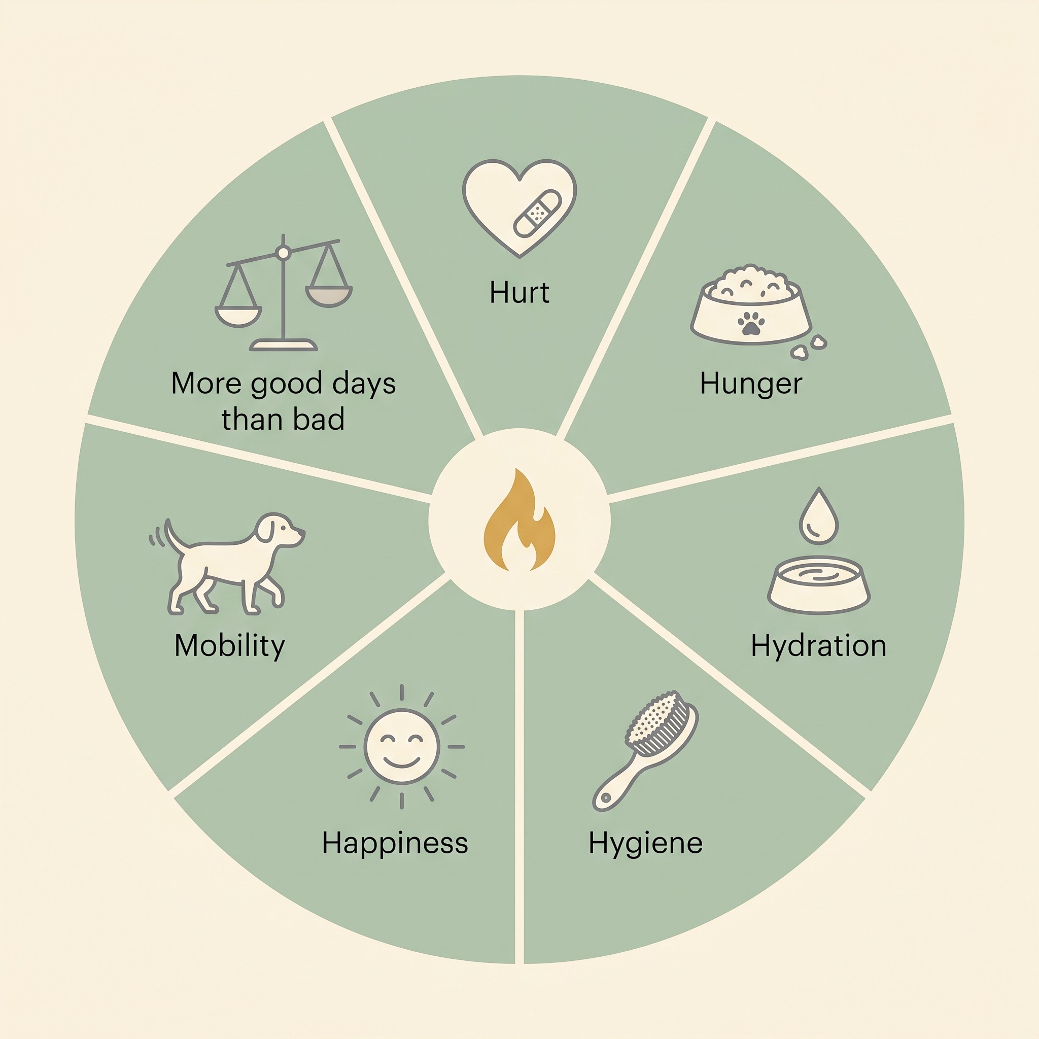 The seven dimensions of the HHHHHMM quality-of-life scale arranged as a wheel: Hurt, Hunger, Hydration, Hygiene, Happiness, Mobility, and More good days than bad