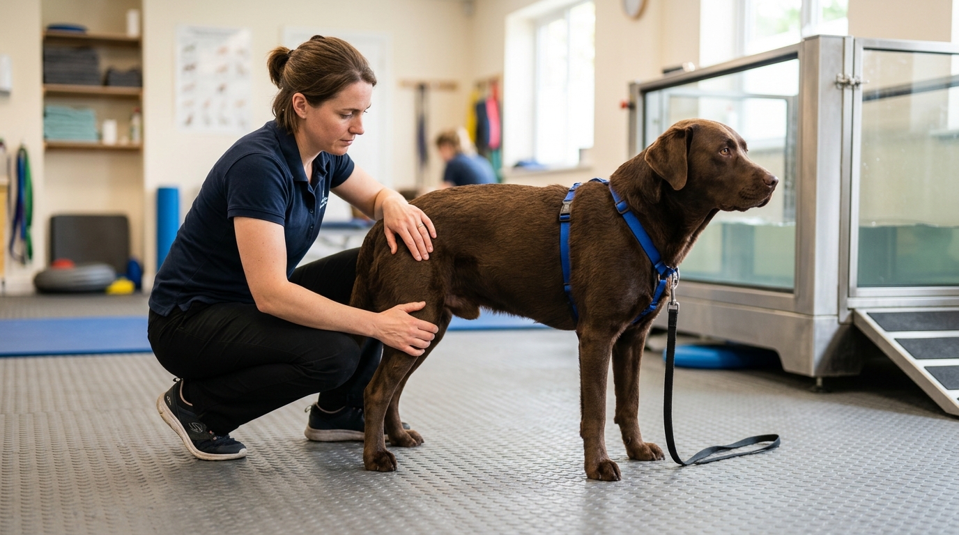A hydrotherapist examining a dog standing on a dry floor, hands gently assessing along the hindlimbs during a gait assessment, the dog calm, soft clinical light