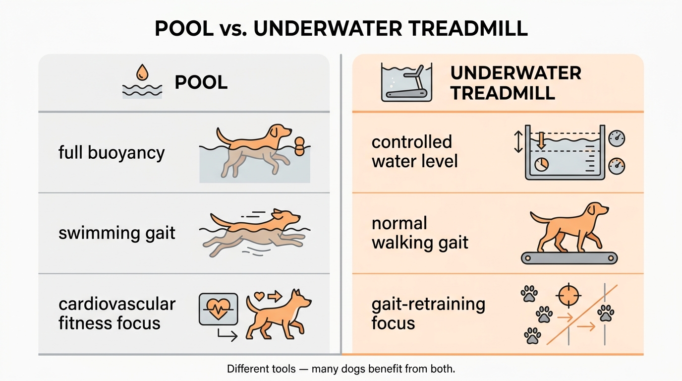 A comparison infographic with two columns: Pool (full buoyancy, swimming gait, cardiovascular focus) and Underwater treadmill (controlled water level, walking gait, gait-retraining focus)