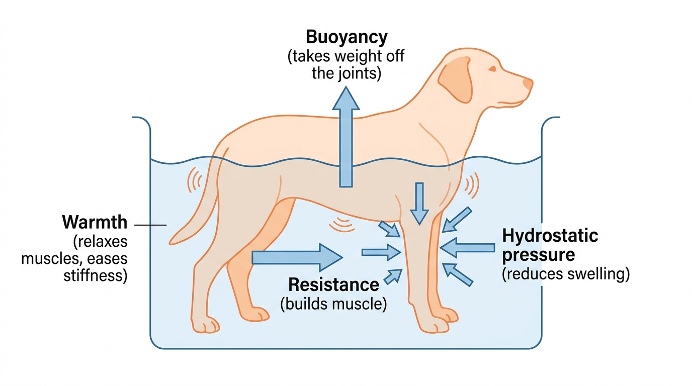 A medical illustration of a dog in water with labelled arrows showing the four principles: buoyancy lifting upward, resistance against forward movement, hydrostatic pressure pushing inward, and warmth radiating