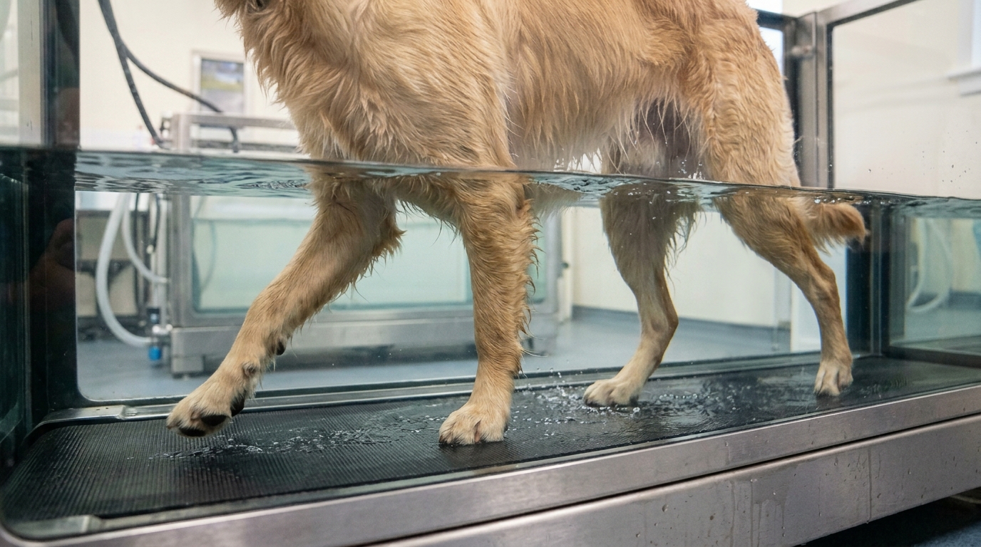 Close-up of a dog's legs walking on an underwater treadmill with the water at mid-chest level, showing a natural walking gait, clinical light