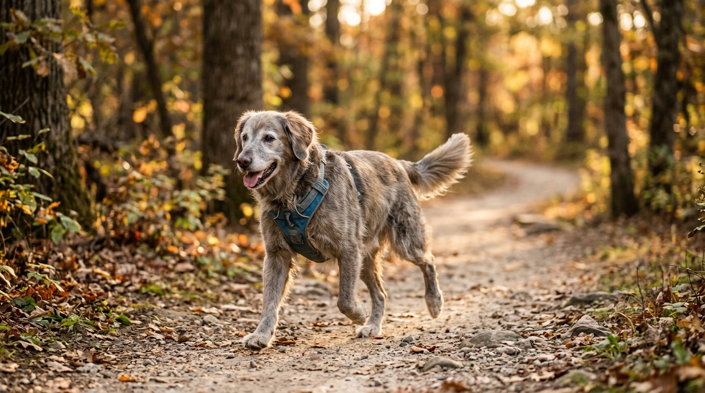 A senior dog walking confidently and energetically along a path outdoors, gait visibly fluid and comfortable, late afternoon golden light