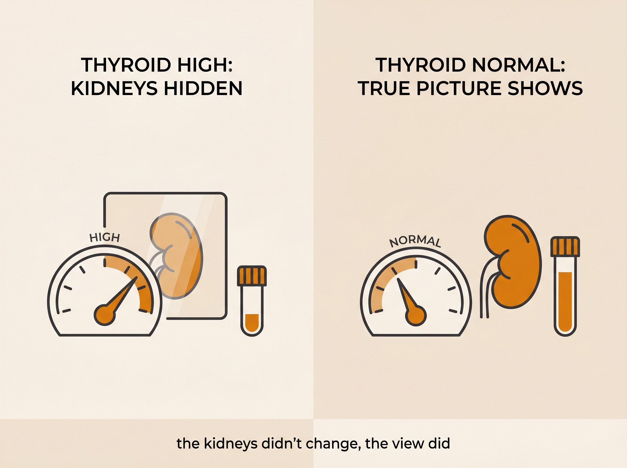 Flat vector diagram on cream showing a thyroid dial turned high masking a kidney behind it, then turned to normal revealing the kidney