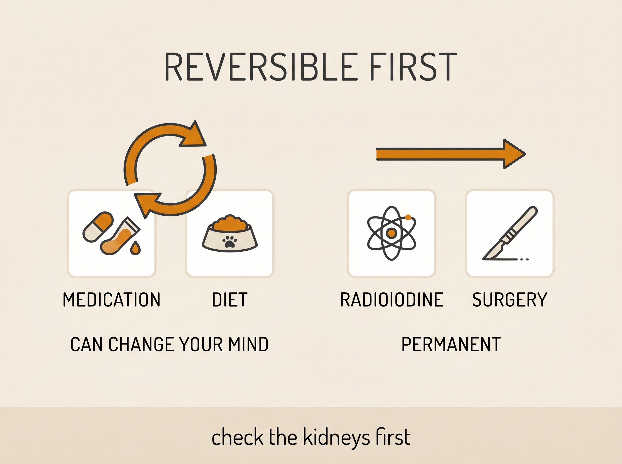 Flat vector card on cream, amber accent, showing a reversible loop arrow over pill-and-gel and food-bowl icons beside a one-way arrow over a radioiodine atom and a scalpel