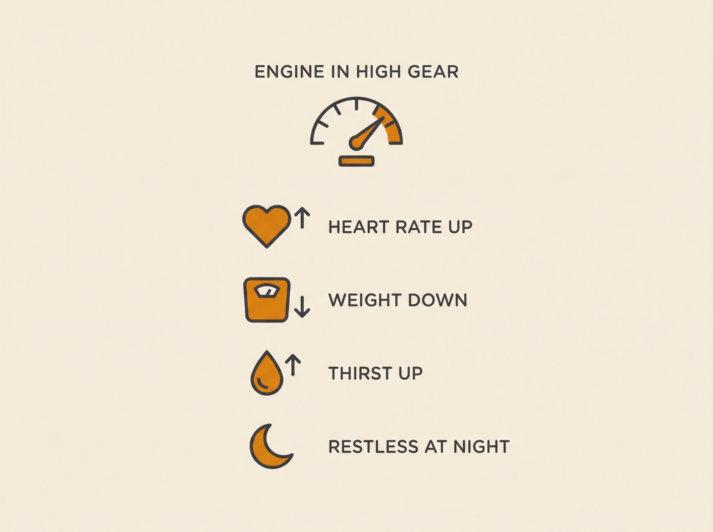 A flat icon card titled ENGINE IN HIGH GEAR with rows showing heart rate up, weight down, thirst up and restless at night