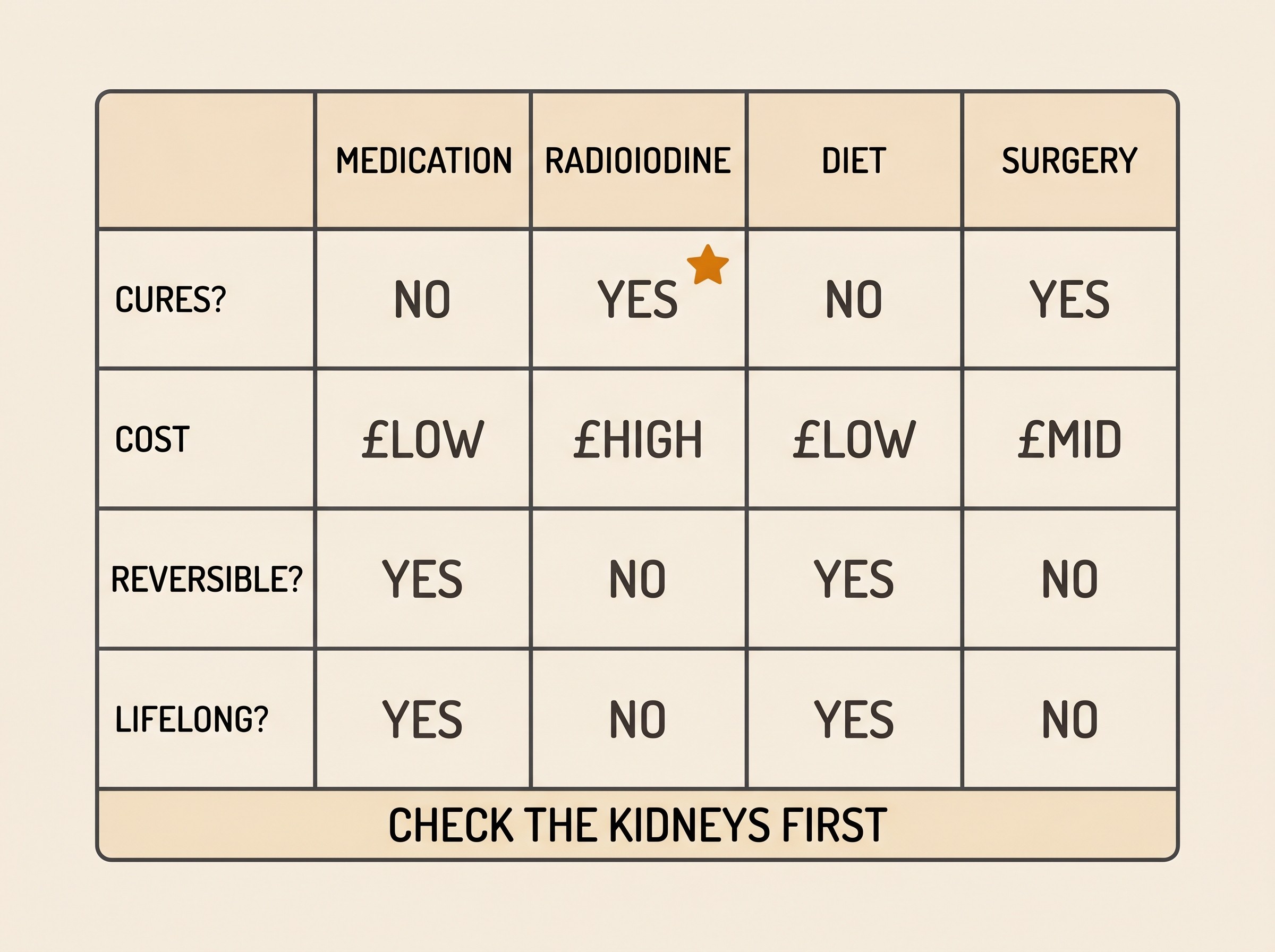 A flat vector four-column compare card on cream, amber accent, headed MEDICATION, RADIOIODINE, DIET, SURGERY with rows for cure, cost, reversible and lifelong, the radioiodine CURE cell marked with a star and a small note check the kidneys first