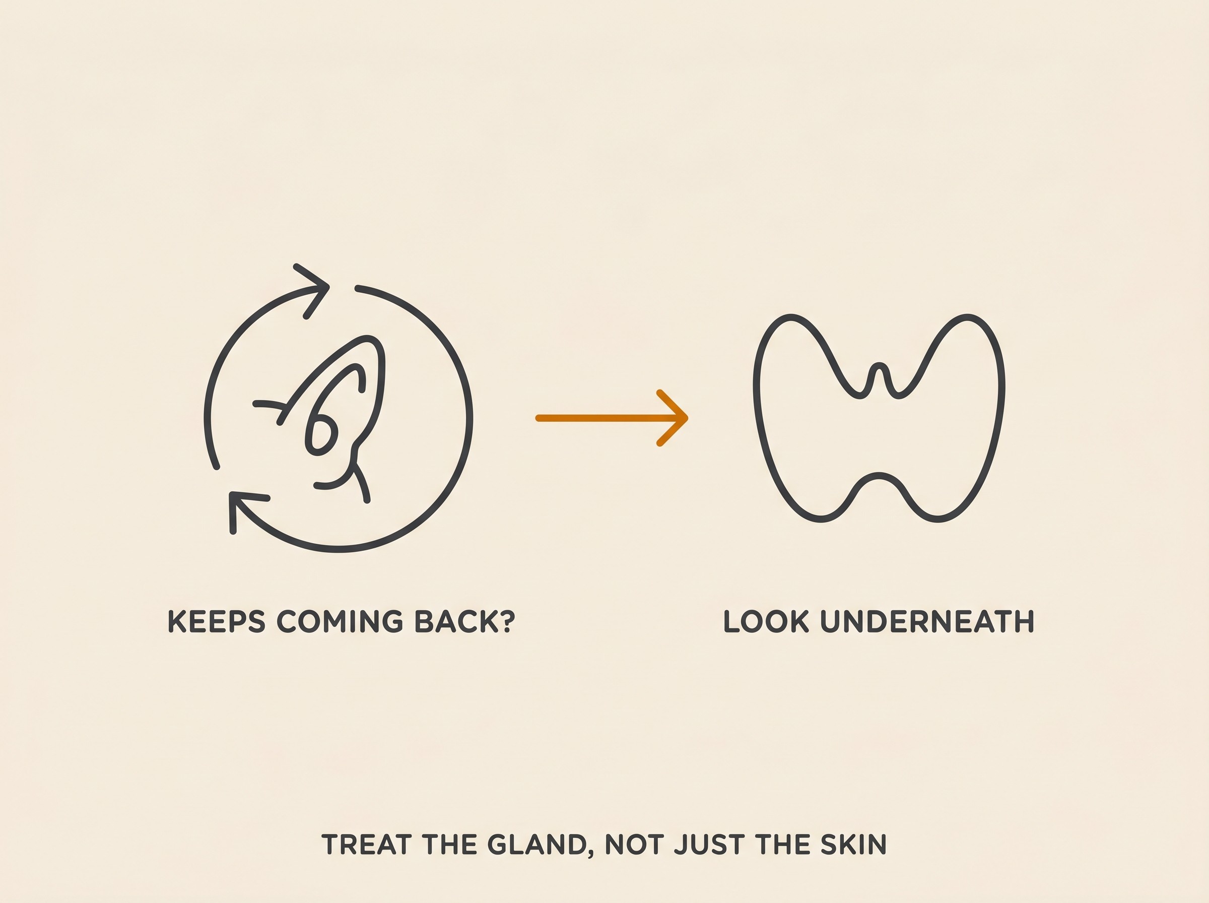 Cycle showing a relapsing skin or ear infection pointing to a thyroid gland icon