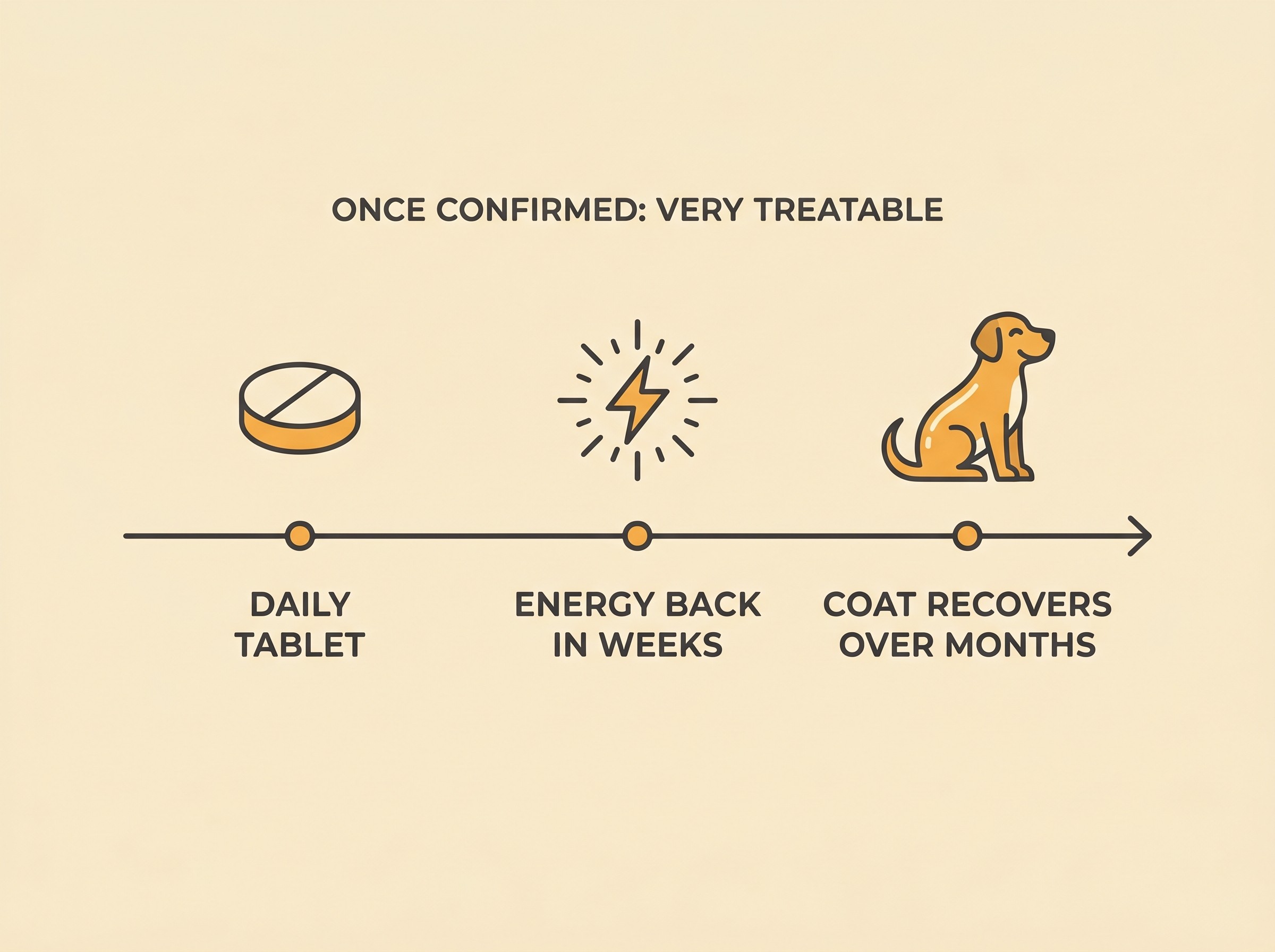 Flat vector timeline card on cream showing recovery milestones after starting thyroid treatment