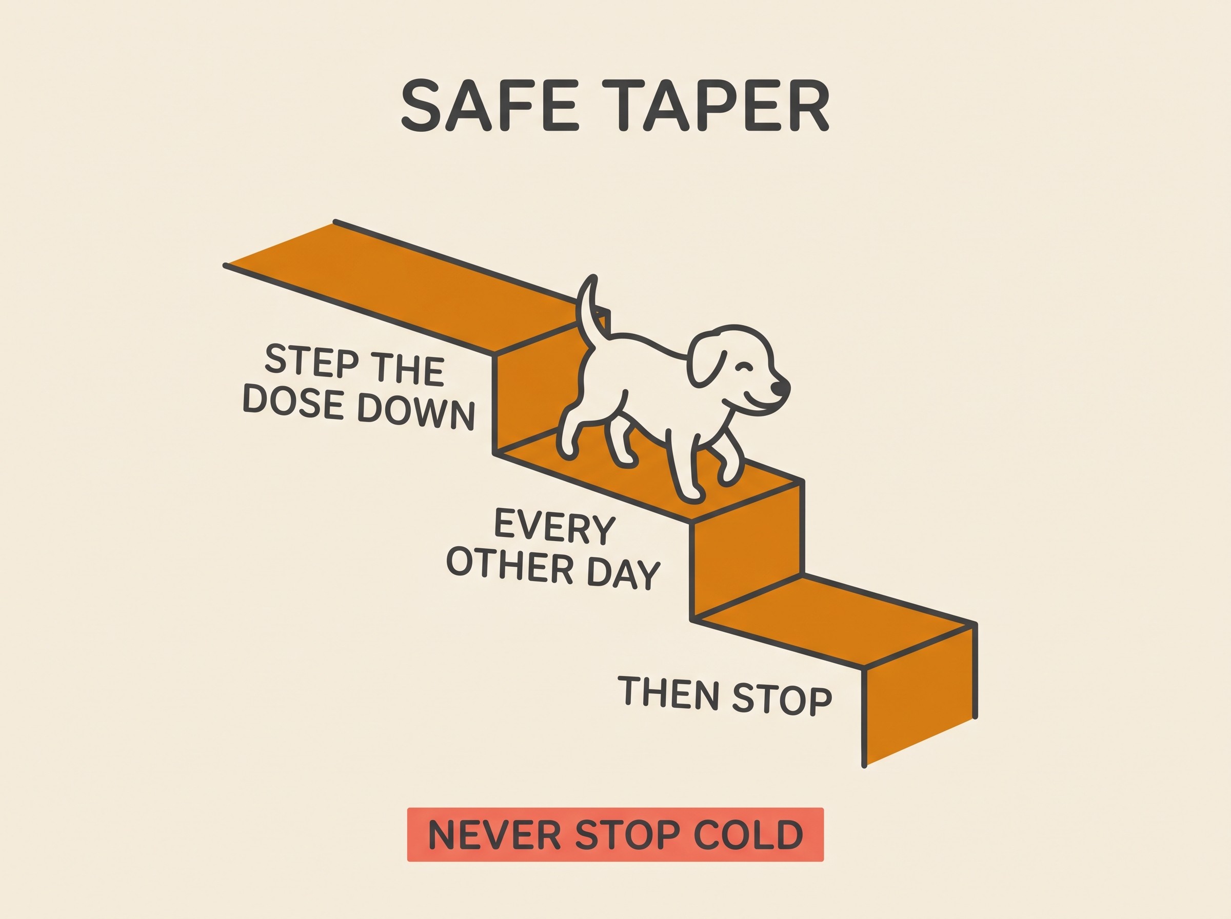 Descending "safe taper" staircase of three steps labelled "step the dose down", "every other day", "then stop" with a calm dog walking down and a coral strip reading "never stop cold"