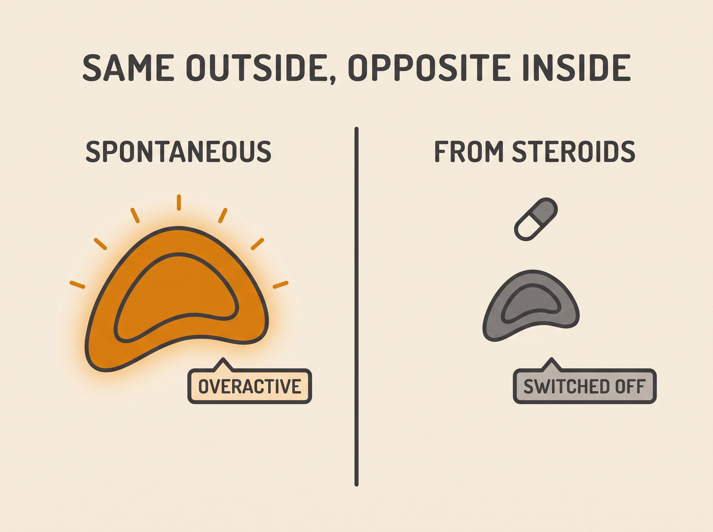 Two-panel "same outside, opposite inside" card contrasting an enlarged overactive adrenal gland labelled "spontaneous" against a small shrunken adrenal gland labelled "from steroids" with a pill doing the work