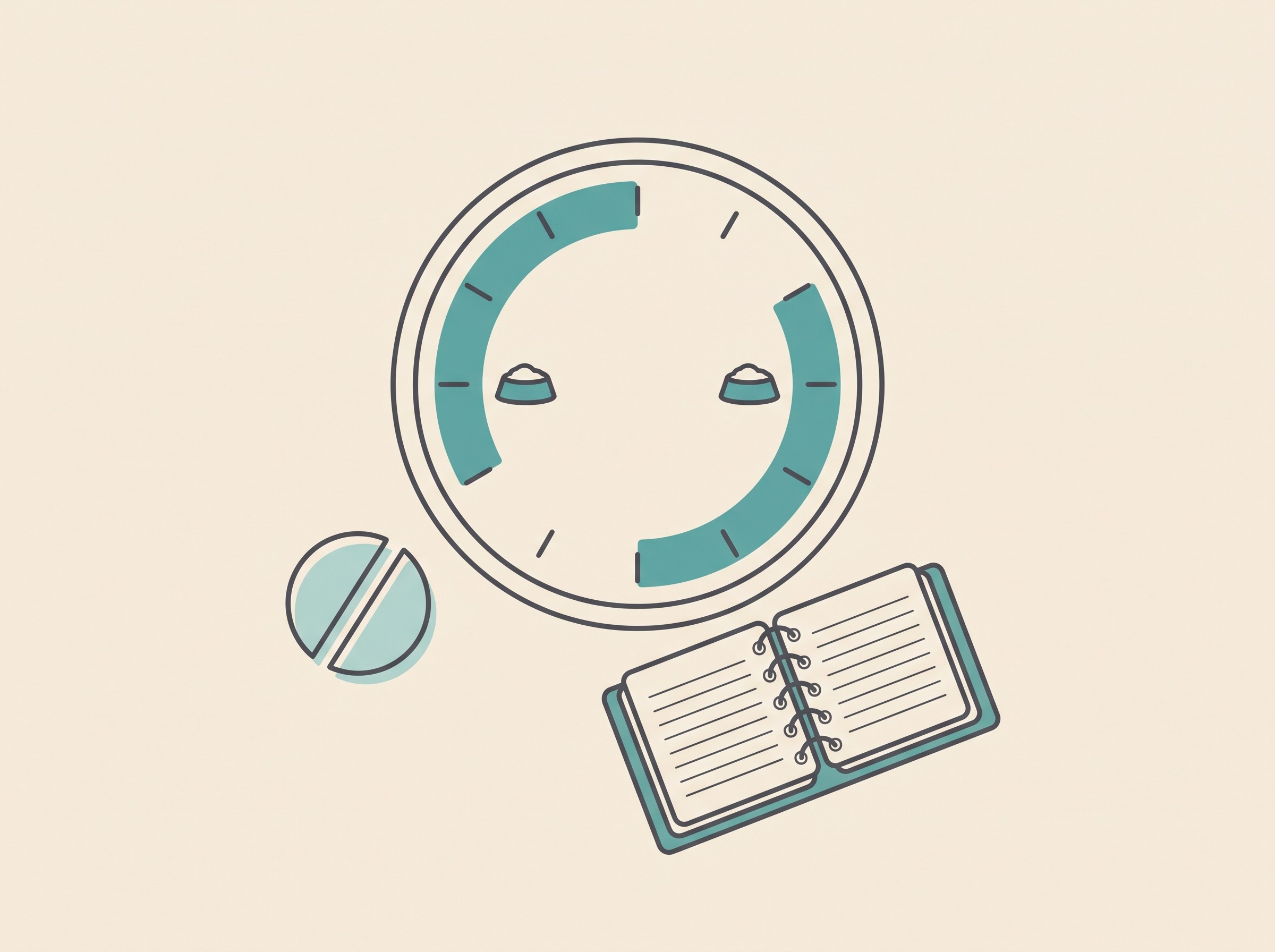 A calm flat illustration of a daily routine: a clock showing two feeding-and-tablet times twelve hours apart, a halved scored tablet, and a small open seizure diary, on a soft cream background