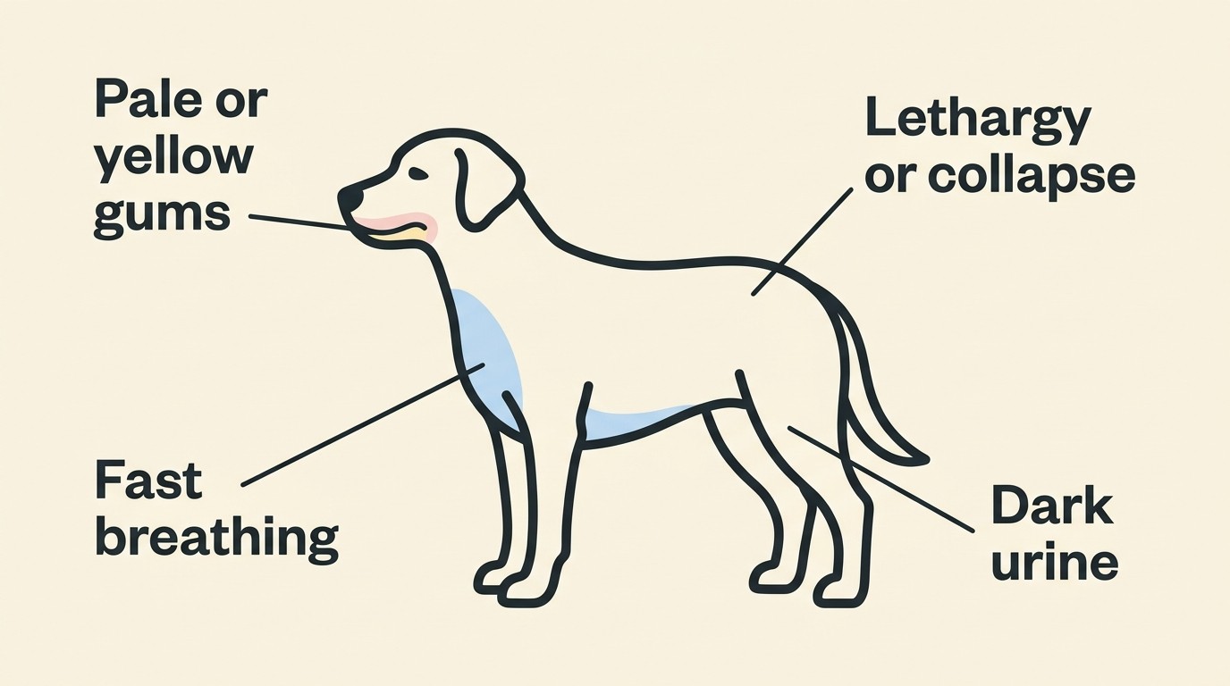 A calm labelled illustration of a dog showing IMHA warning signs: pale or yellow gums, lethargy or collapse, fast breathing, and dark urine