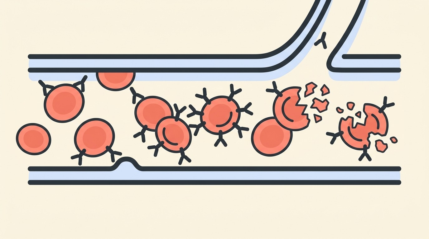 A gentle schematic showing immune cells and antibodies mistakenly attaching to and destroying red blood cells in a blood vessel, leading to fewer red cells and anaemia