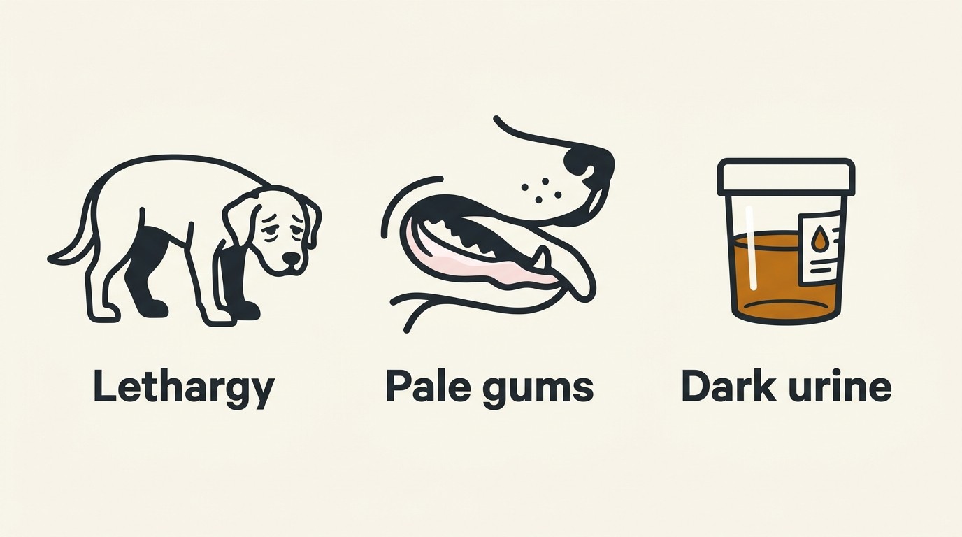 A calm labelled figure showing three relapse warning signs to watch for during the taper: a tired, low dog for lethargy, a pale gum line, and a sample of dark urine.