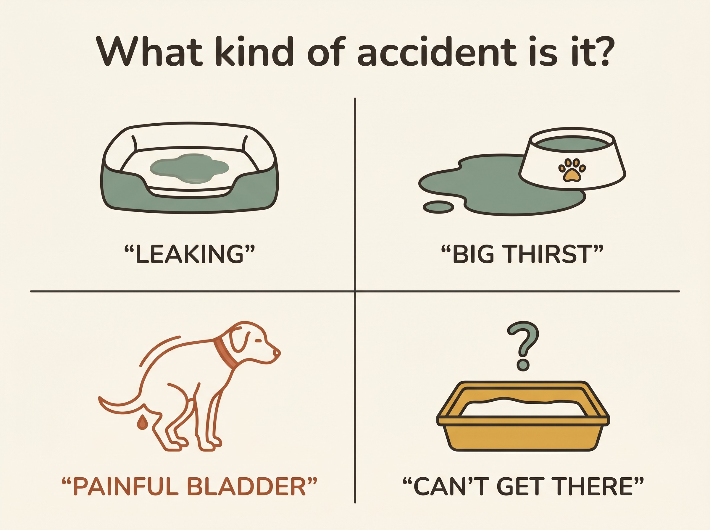 A four-way decision panel titled "What kind of accident is it?" with quadrants: a wet bed icon labelled "WET WHERE THEY SLEPT, UNAWARE = leaking (often very treatable)"; a large puddle and water bowl labelled "HUGE PUDDLES AND BIG THIRST = making more urine, see the vet"; a straining posture labelled "STRAINING, TINY AMOUNTS, BLOOD = a painful bladder, vet soon"; and a tray with a question mark labelled "COULDN'T GET THERE, OR FORGOT = access or the ageing mind". Warm-slate ink on oat-cream, one terracotta accent on the straining line.