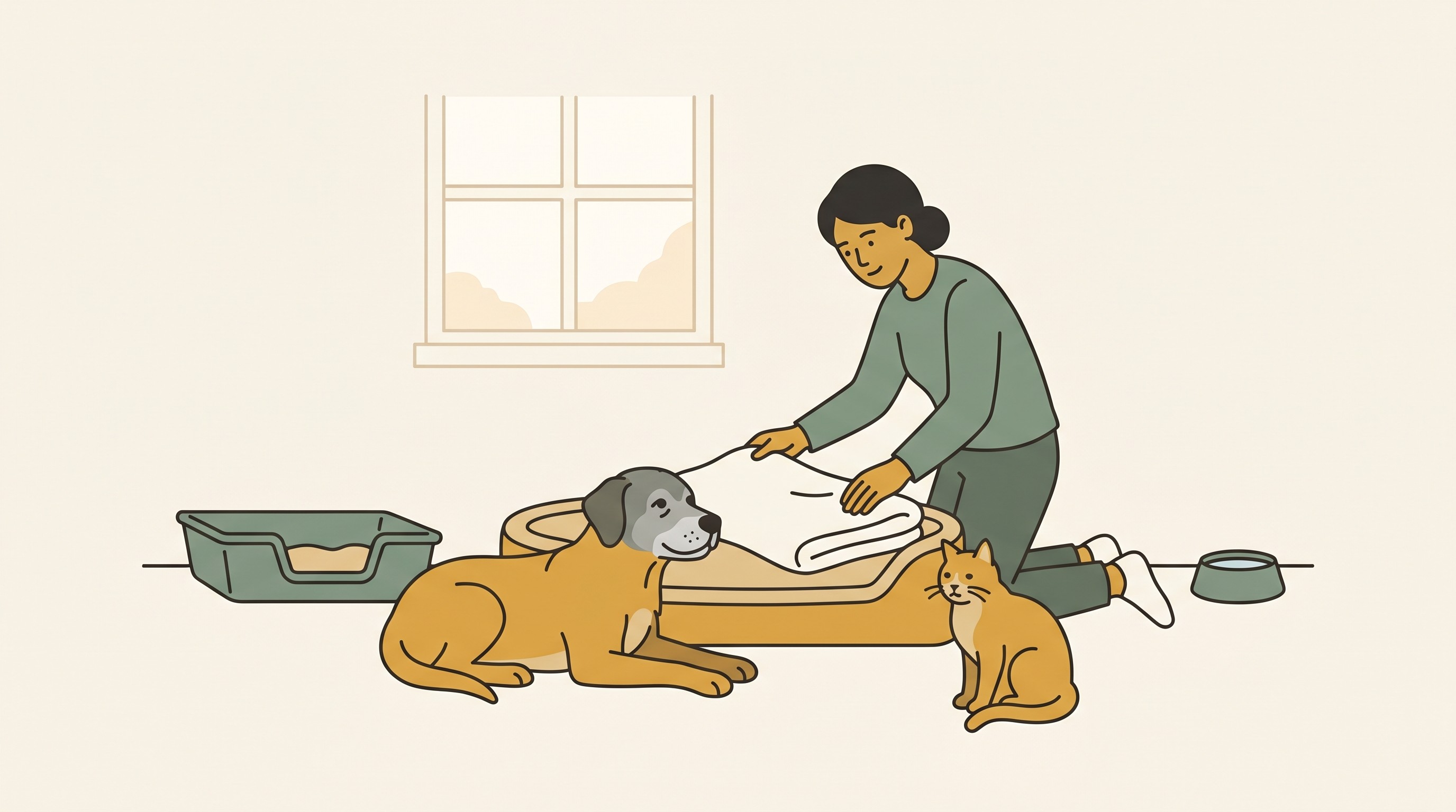 A calm home scene: an older grey-muzzled dog and an old cat, an owner laying a clean soft blanket over a bed and a low cut-down litter tray nearby, soft oat-cream, sage and honey-gold tones, dignified and unhurried.