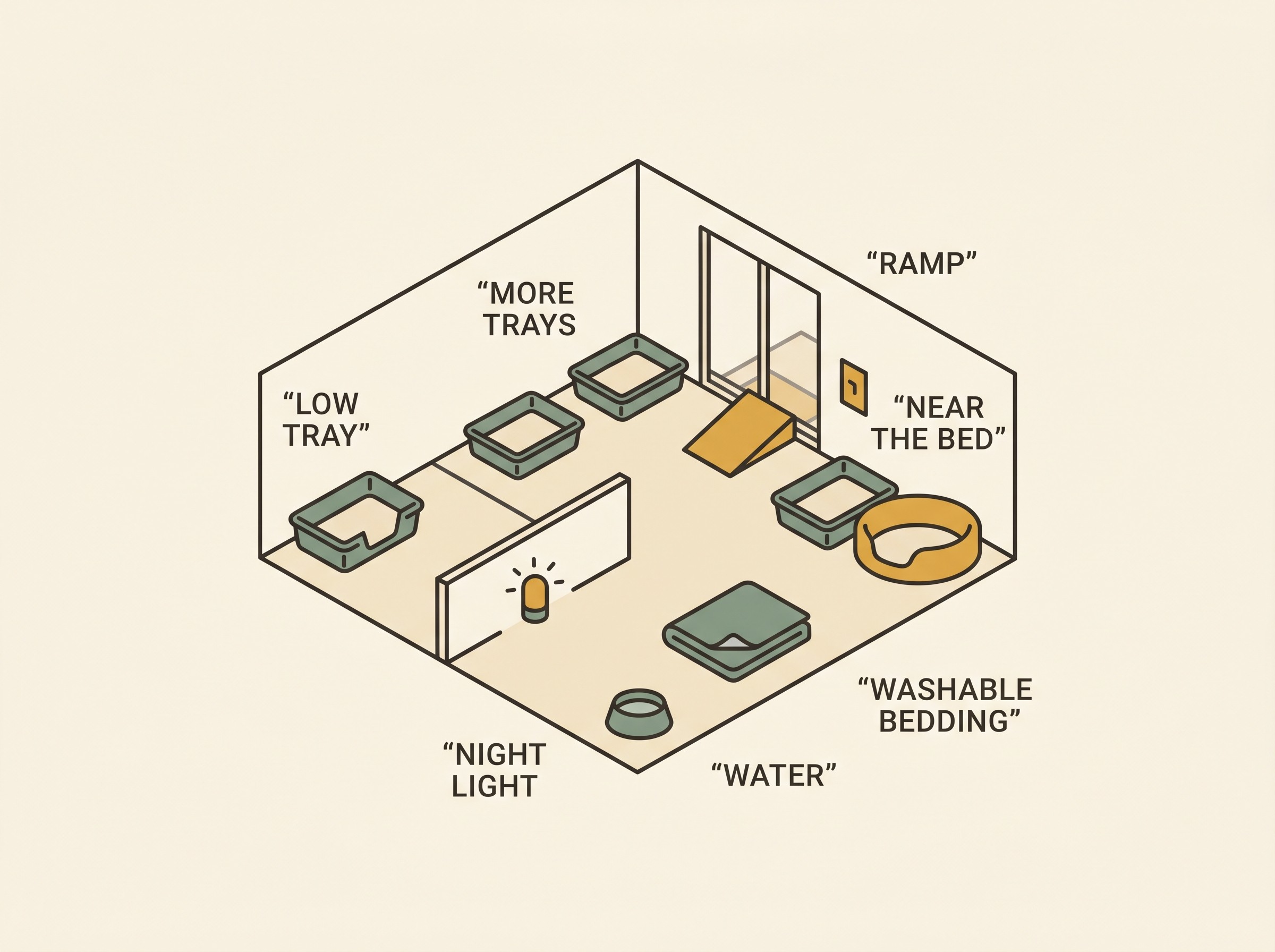 A home-adaptation map keyed to toileting: a low cut-down litter tray, several trays marked one-per-floor, a tray near the pet's bed, a small ramp to the garden door, a soft night light, washable waterproof bedding, and a water bowl, all on an oat-cream background with sage and honey accents.