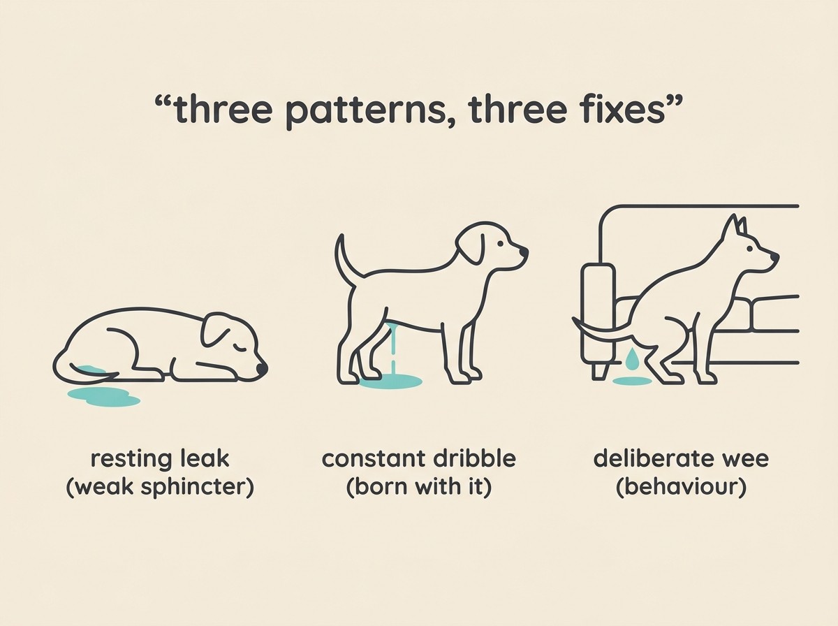 A clean comparison card contrasting the resting puddle pattern of a weak sphincter with the constant dribble of an ectopic ureter, and a deliberate squat for behaviour, with a note that age and pattern point the way