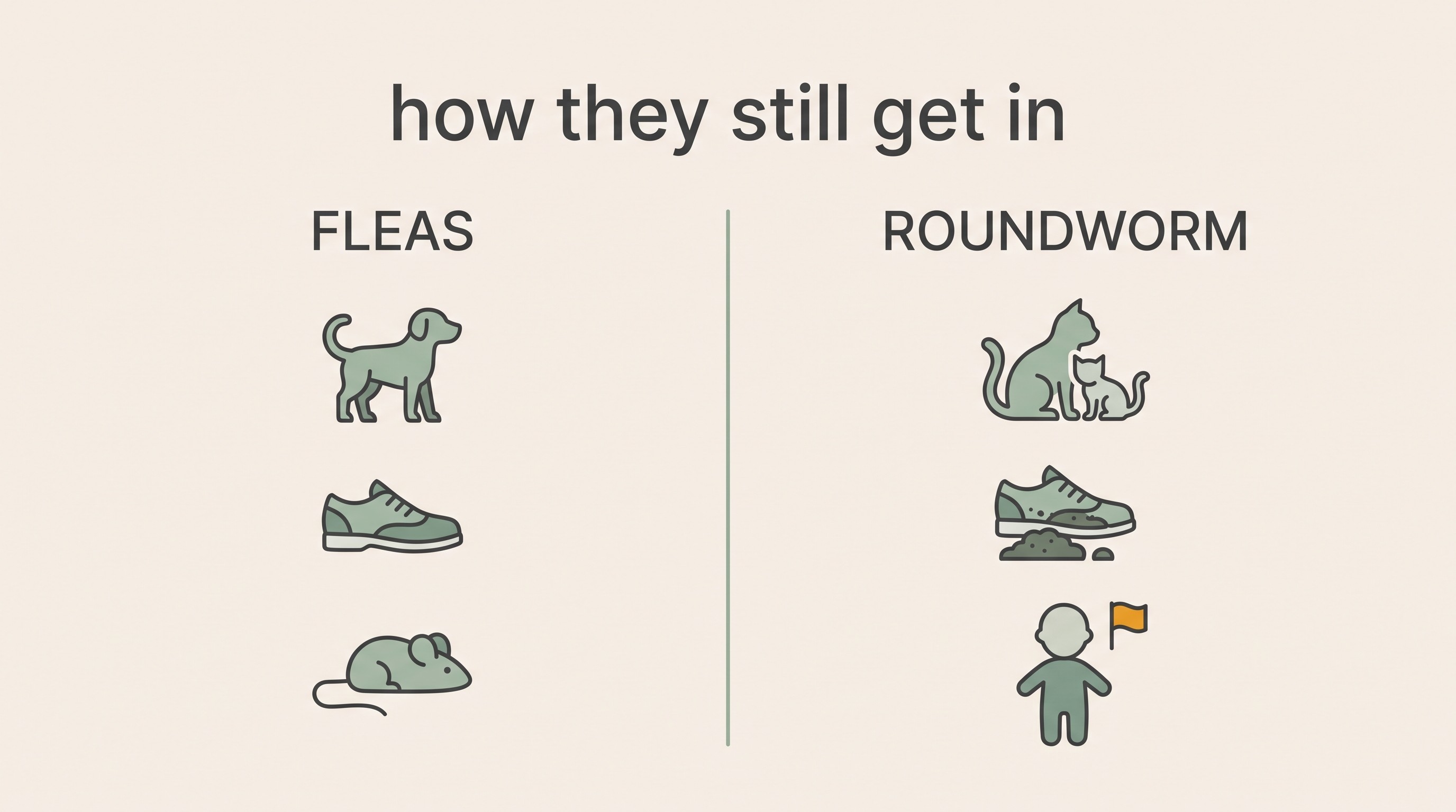 A two-column card showing how fleas and roundworm still reach an indoor cat, via other pets, shoes and soil, wildlife and the mother cat, flat vector on cream with sage and restrained amber icons.