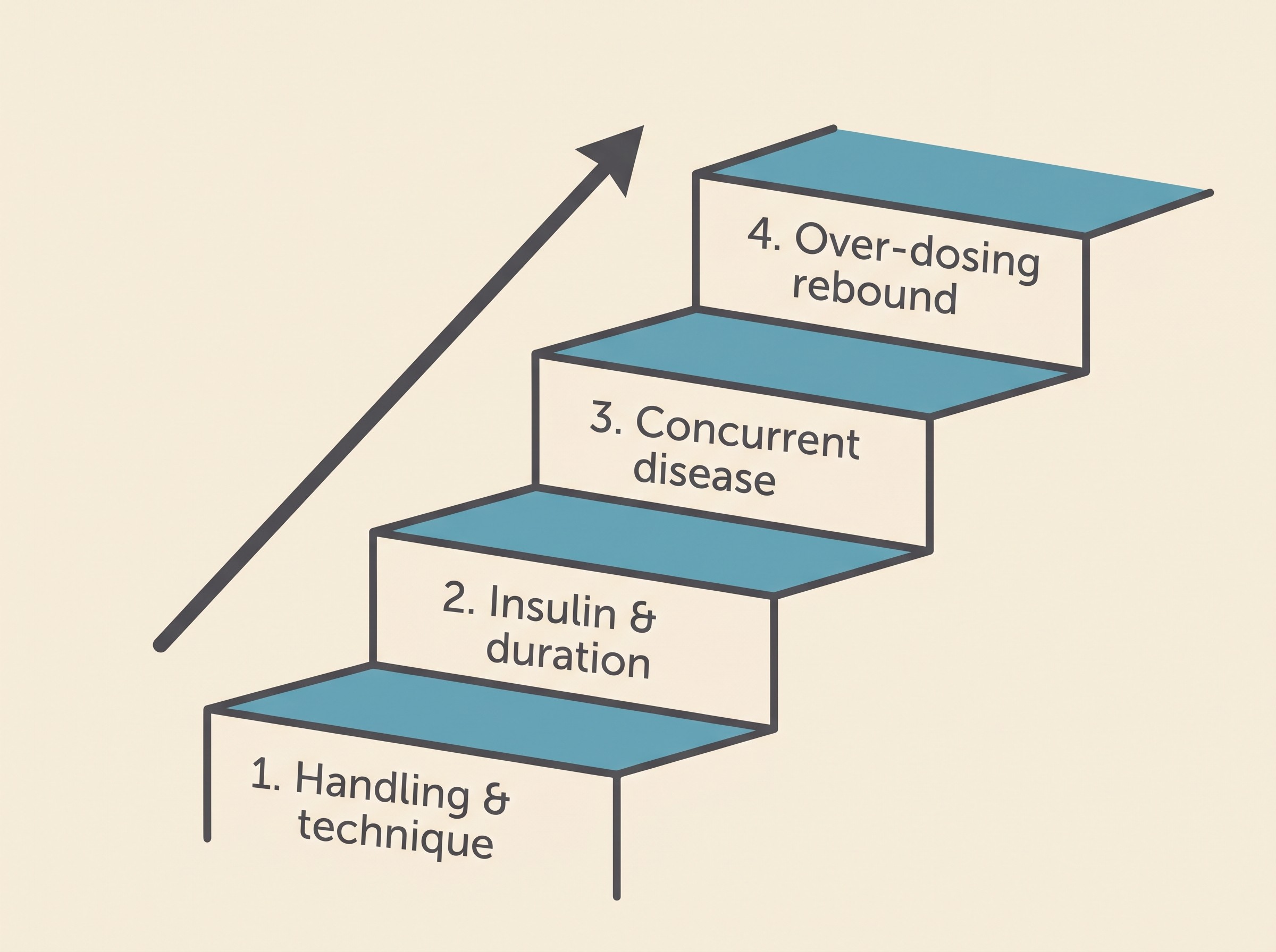 A four-step staircase on cream, climbing from the bottom: Step 1 Handling and technique, Step 2 Insulin and duration, Step 3 Concurrent disease, Step 4 Over-dosing rebound, with an arrow showing you climb one rung at a time