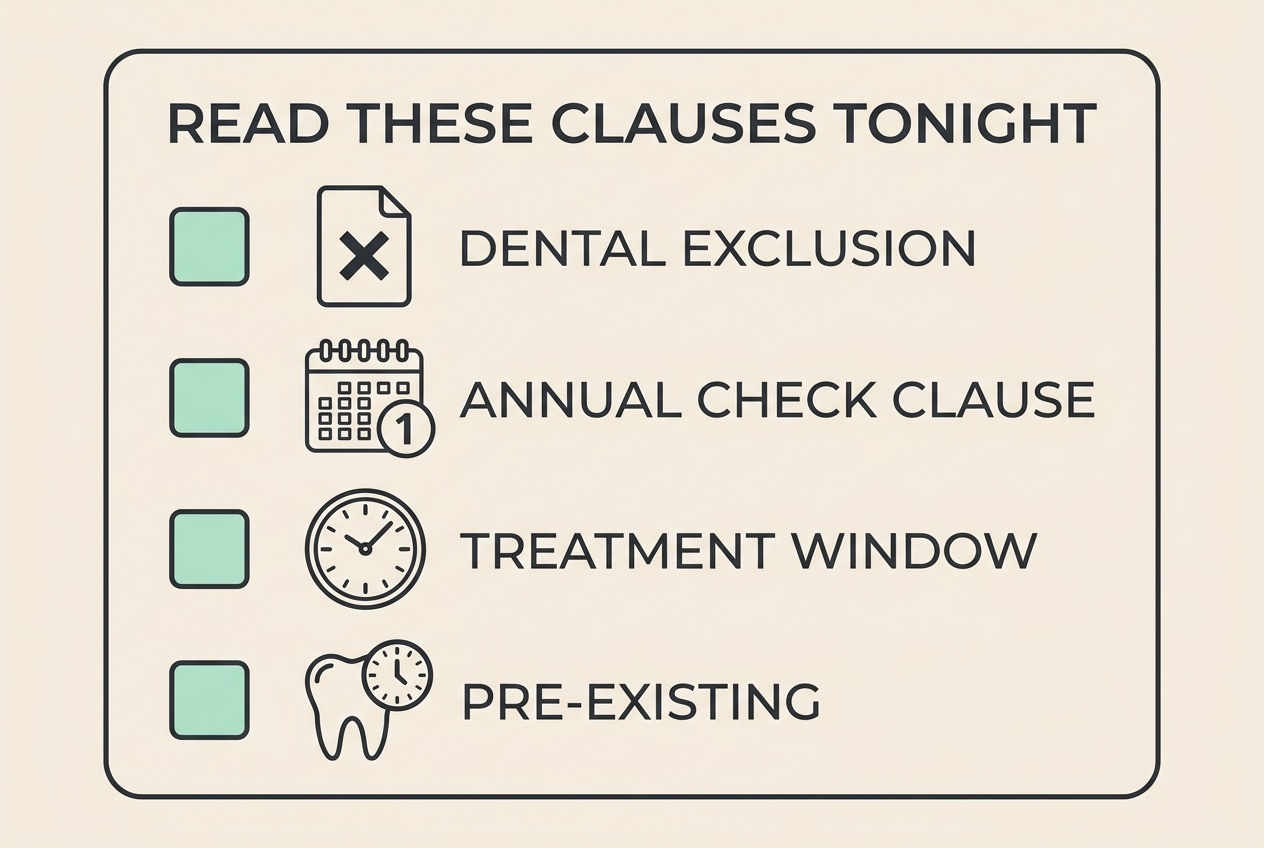 Flat vector checklist card on a warm cream background headed "READ THESE CLAUSES TONIGHT", with four rows each marked by a small mint-green checkbox and a simple icon. The rows read "DENTAL EXCLUSION", "ANNUAL CHECK CLAUSE", "TREATMENT WINDOW", and "PRE-EXISTING". Soft charcoal linework, calm and practical, no animals.