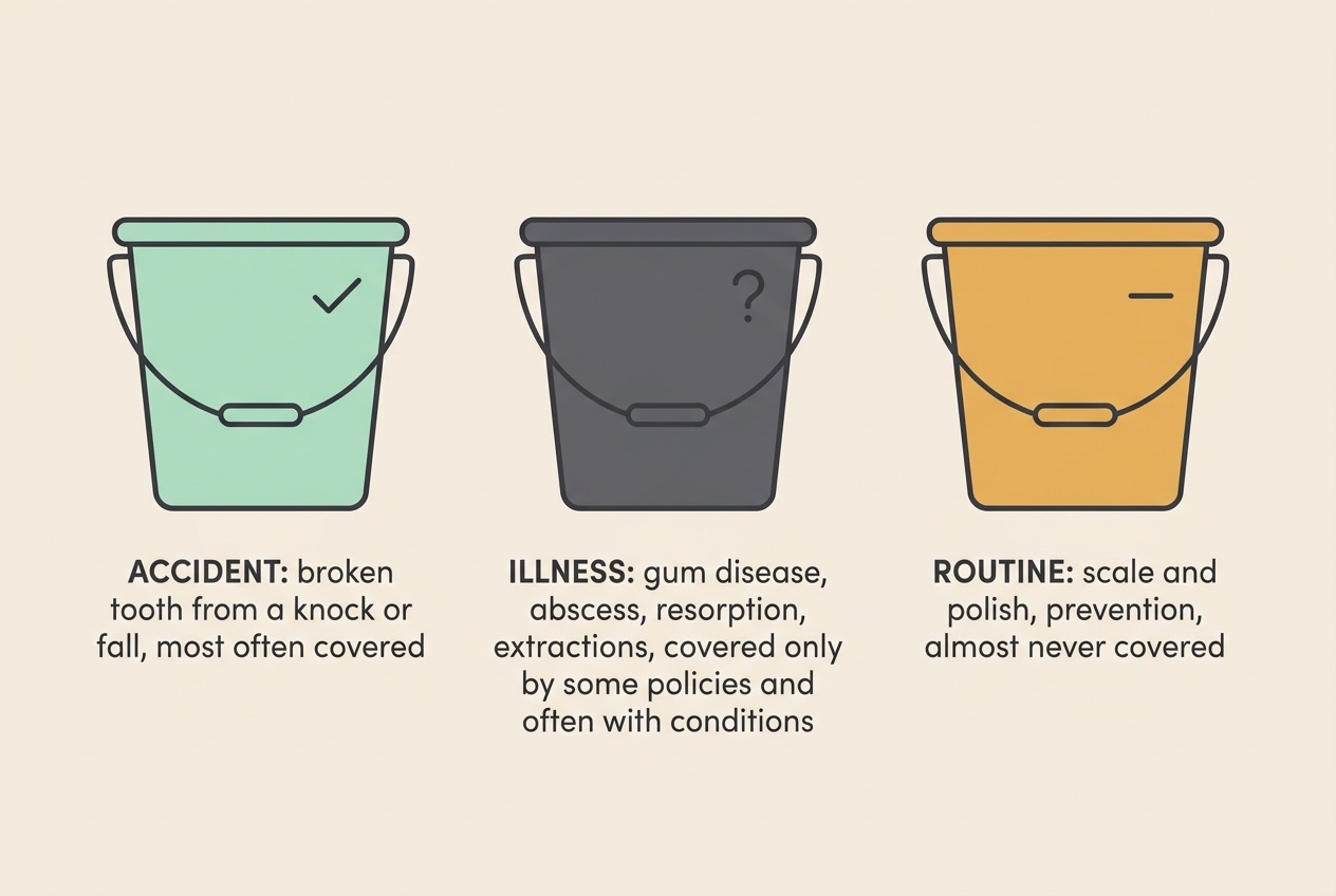 Flat vector diagram on a warm cream background showing three labelled buckets in a row. The first bucket, in mint green with a tick, reads "ACCIDENT: broken tooth from a knock or fall, most often covered". The second, in soft charcoal with a question mark, reads "ILLNESS: gum disease, abscess, resorption, extractions, covered only by some policies and often with conditions". The third, in muted amber with a small dash, reads "ROUTINE: scale and polish, prevention, almost never covered". Clean, diagrammatic, soft charcoal linework, no animals.