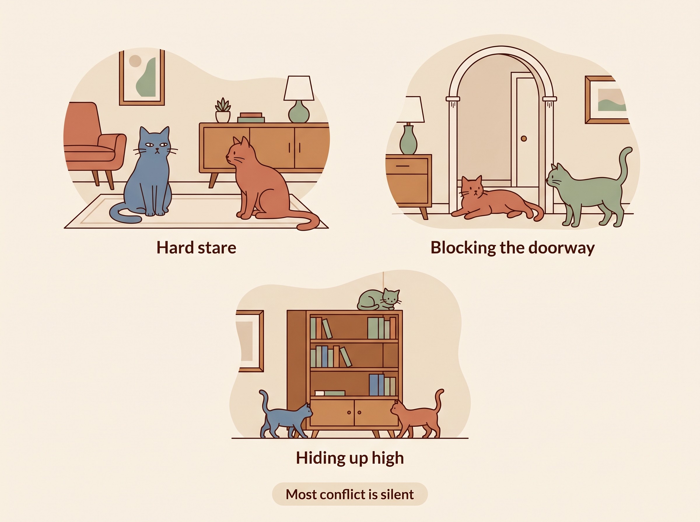 Subtle signs of tension between cats: a hard stare, one cat blocking a doorway, and another hiding up high