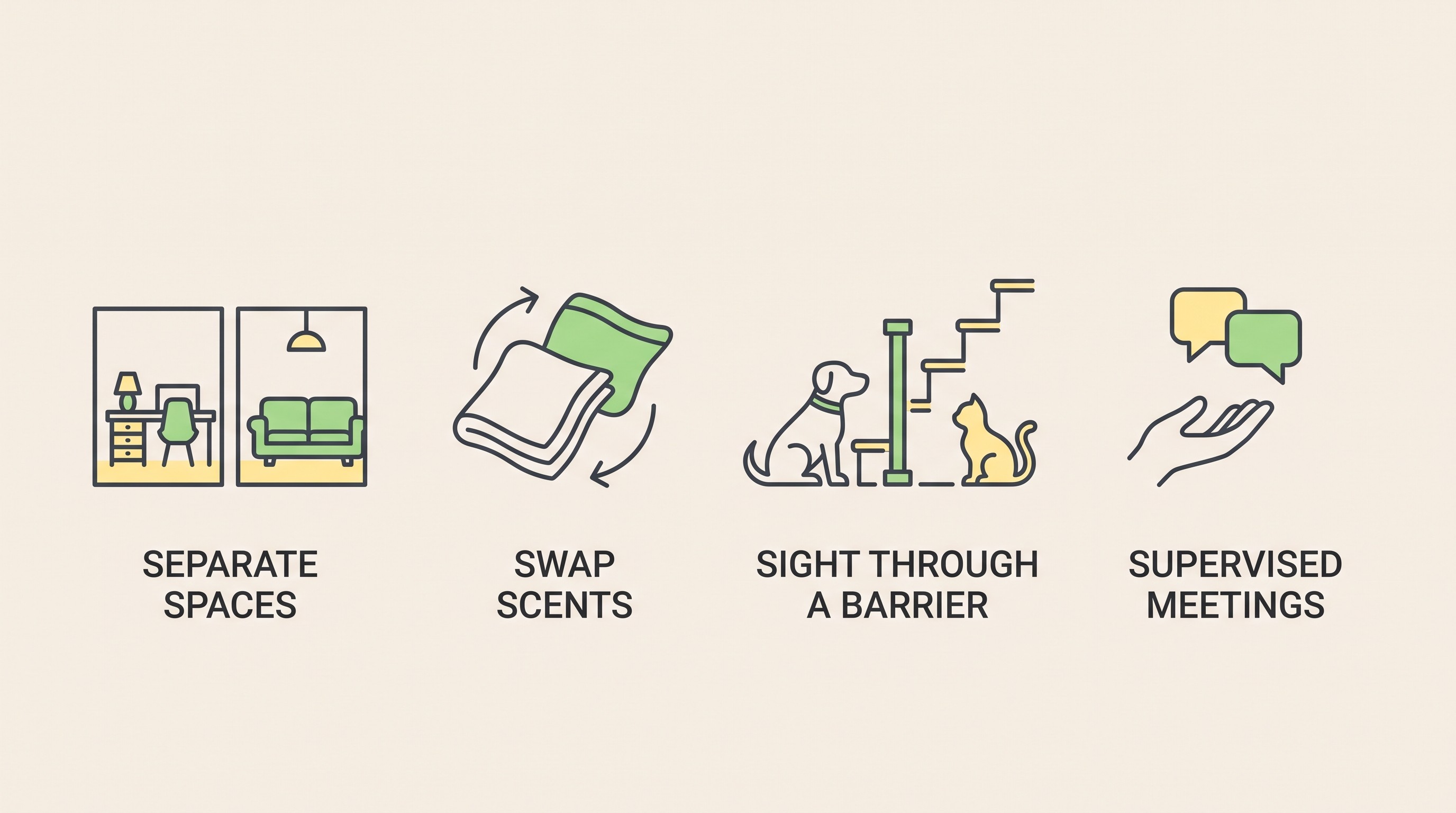 A simple flat illustration of the introduction stages: separate spaces, scent swapping, sight through a barrier, then a short supervised meeting, shown as a gentle progression.