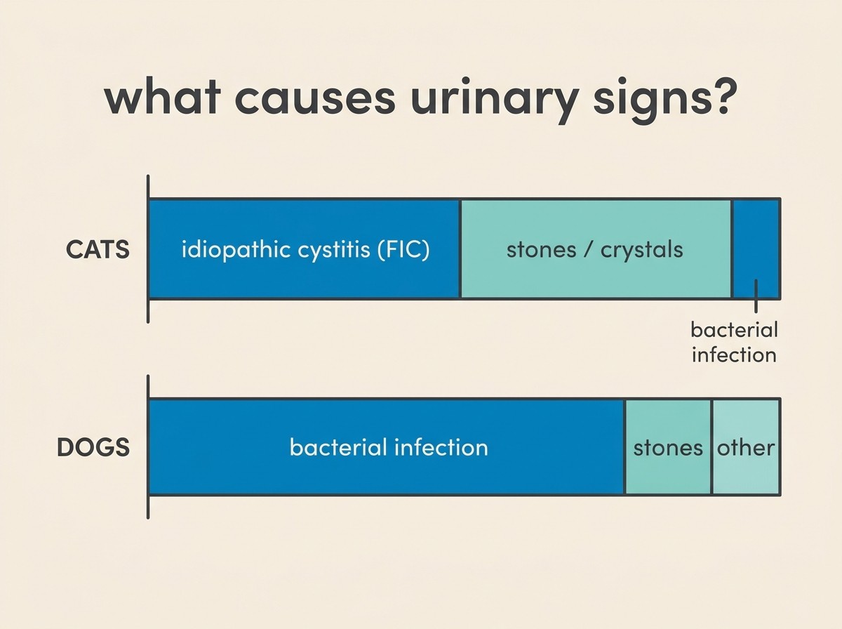 Bar comparison showing causes of urinary signs in cats versus dogs, with idiopathic cystitis and stones dominating the cat bar and bacterial infection a much larger slice of the dog bar