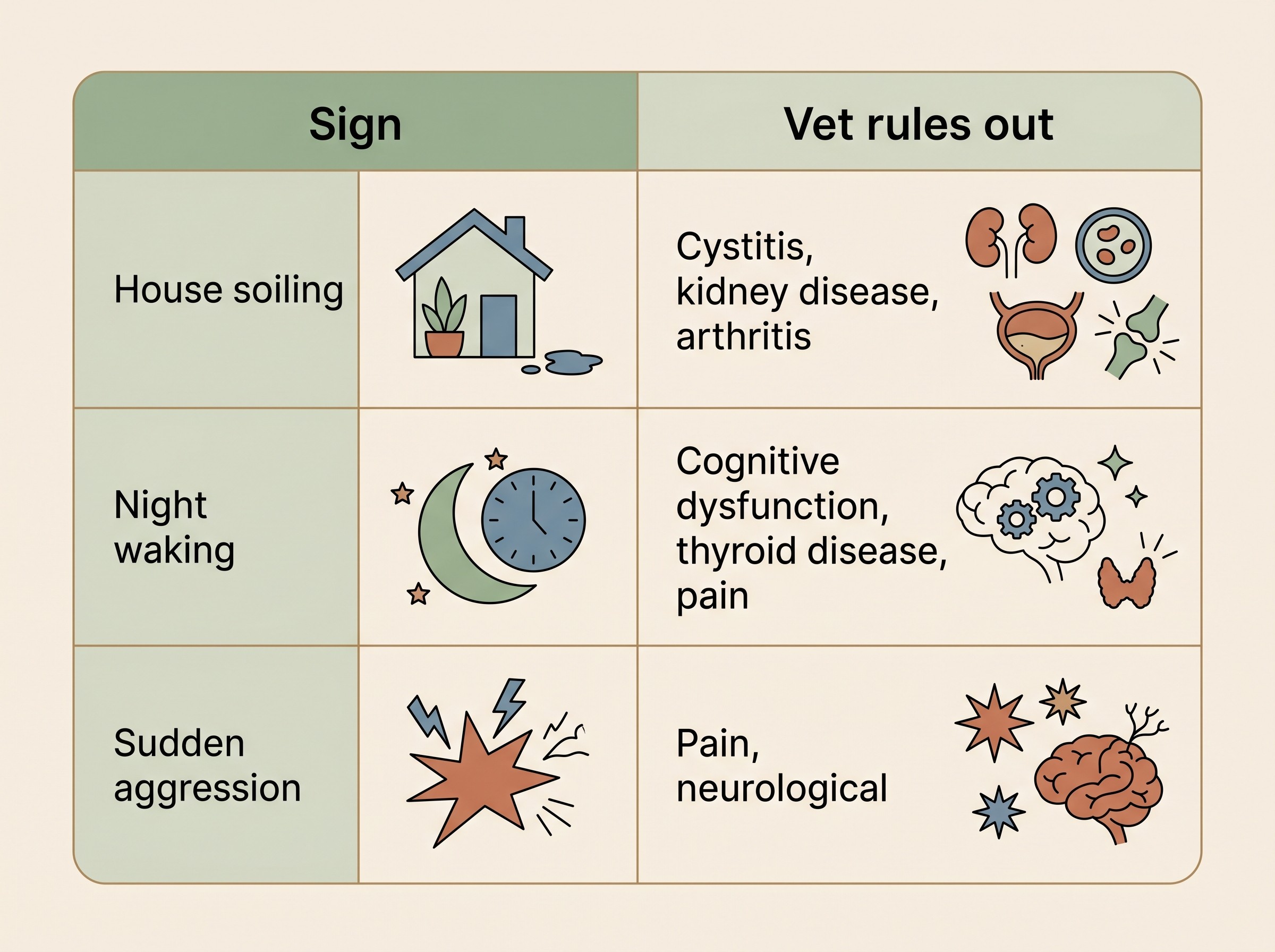 A table mapping everyday behaviour signs in plain language to the medical conditions a vet rules out, such as house soiling pointing to cystitis, kidney disease or arthritis, and night waking pointing to cognitive dysfunction, thyroid disease or pain.