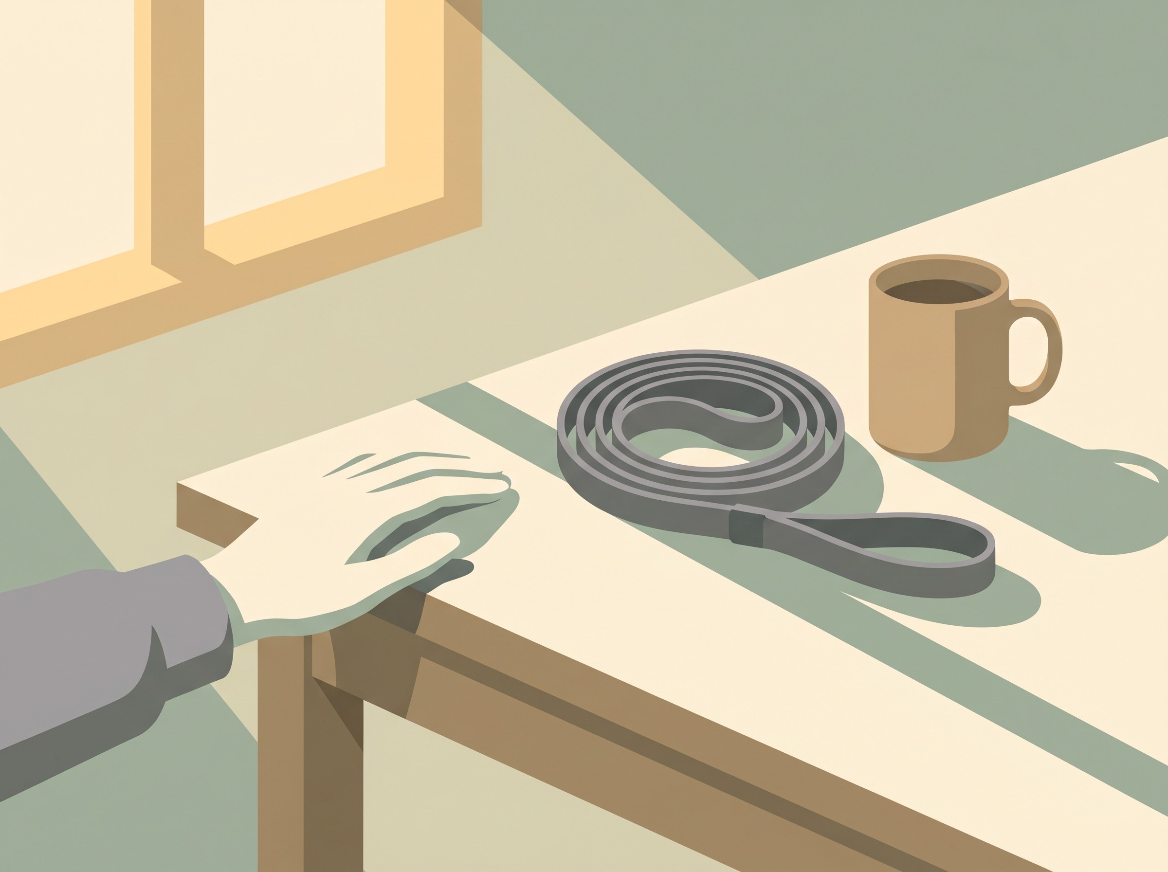 A quiet still life on a kitchen table in soft morning light: an empty dog lead coiled beside an untouched mug of tea, a single hand resting at the edge of the frame