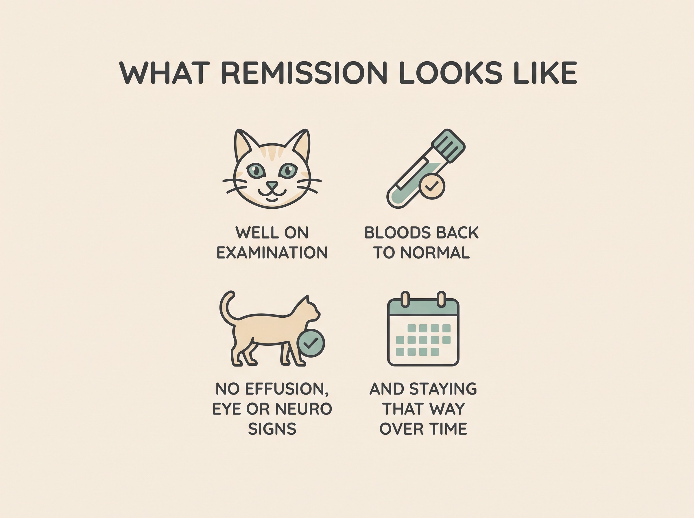 Flat vector card on cream background in sage-teal, four calm icon rows under the heading "WHAT REMISSION LOOKS LIKE": a bright-eyed cat labelled "WELL ON EXAMINATION", a blood tube with a tick labelled "BLOODS BACK TO NORMAL", a flat abdomen with a tick labelled "NO EFFUSION, EYE OR NEURO SIGNS", and a calendar labelled "AND STAYING THAT WAY OVER TIME"