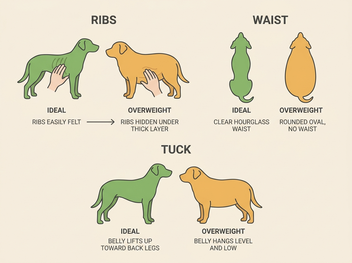 A three-panel check card showing ribs, waist and tuck with simple top-down and side silhouettes comparing ideal and overweight