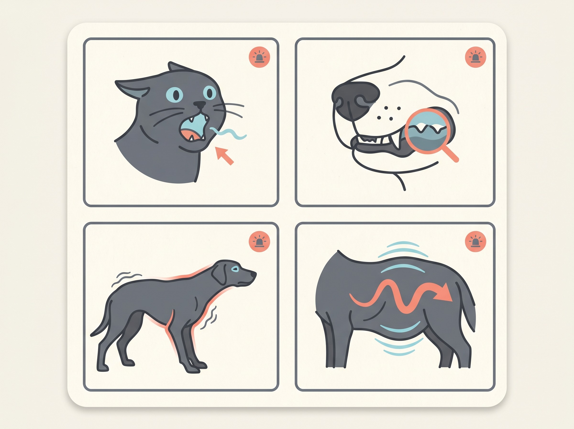 A clean four-panel flat-vector reference on a cream background, each panel showing one emergency sign: an open-mouthed cat, a lip lifted to show bluish-grey gums, a dog standing with neck extended and elbows out unable to settle, and a pet with visible belly-breathing effort