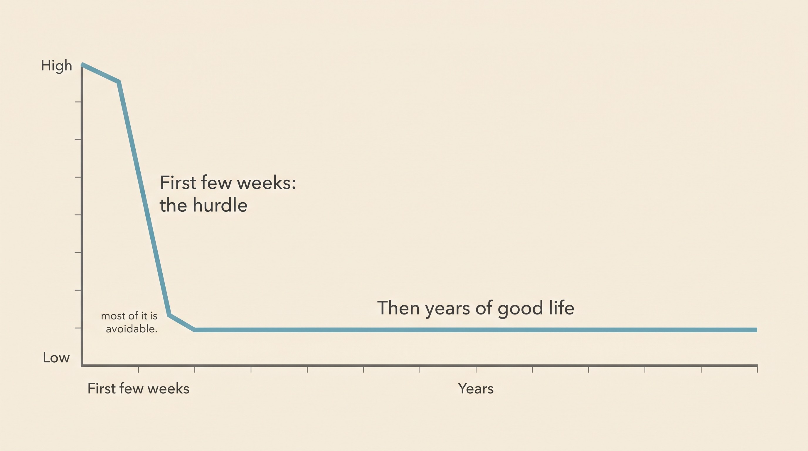 A survival-curve style graphic showing a steep early drop in the first few weeks after diagnosis, mostly from euthanasia, then a long flat line of pets living for years