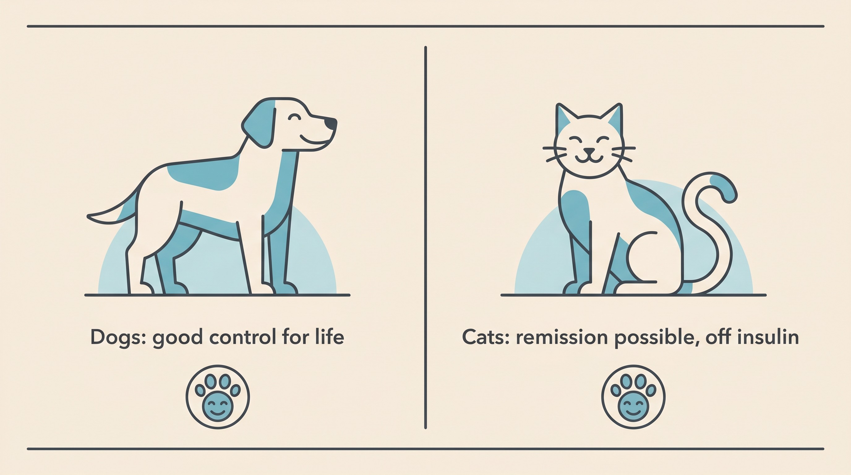 A simple two-panel graphic contrasting the canine and feline outlook: a dog panel labelled good control for life with insulin, and a cat panel labelled remission possible, off insulin, both ending in a happy pet