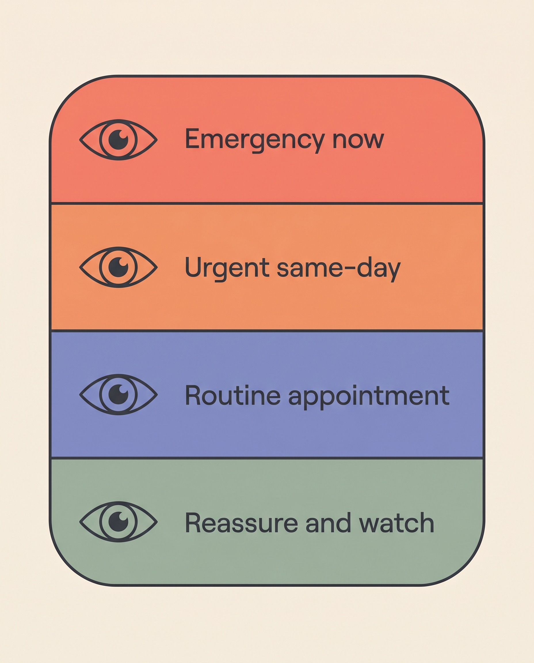 A four-tier triage card on cream, from a red Emergency now band at the top down through amber Urgent same-day, blue Routine appointment, and green Reassure and watch, each with example eye signs