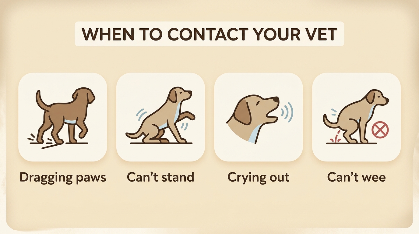 Four labelled flat icons of IVDD red flags: dragging paws, can't stand, crying out, and can't wee