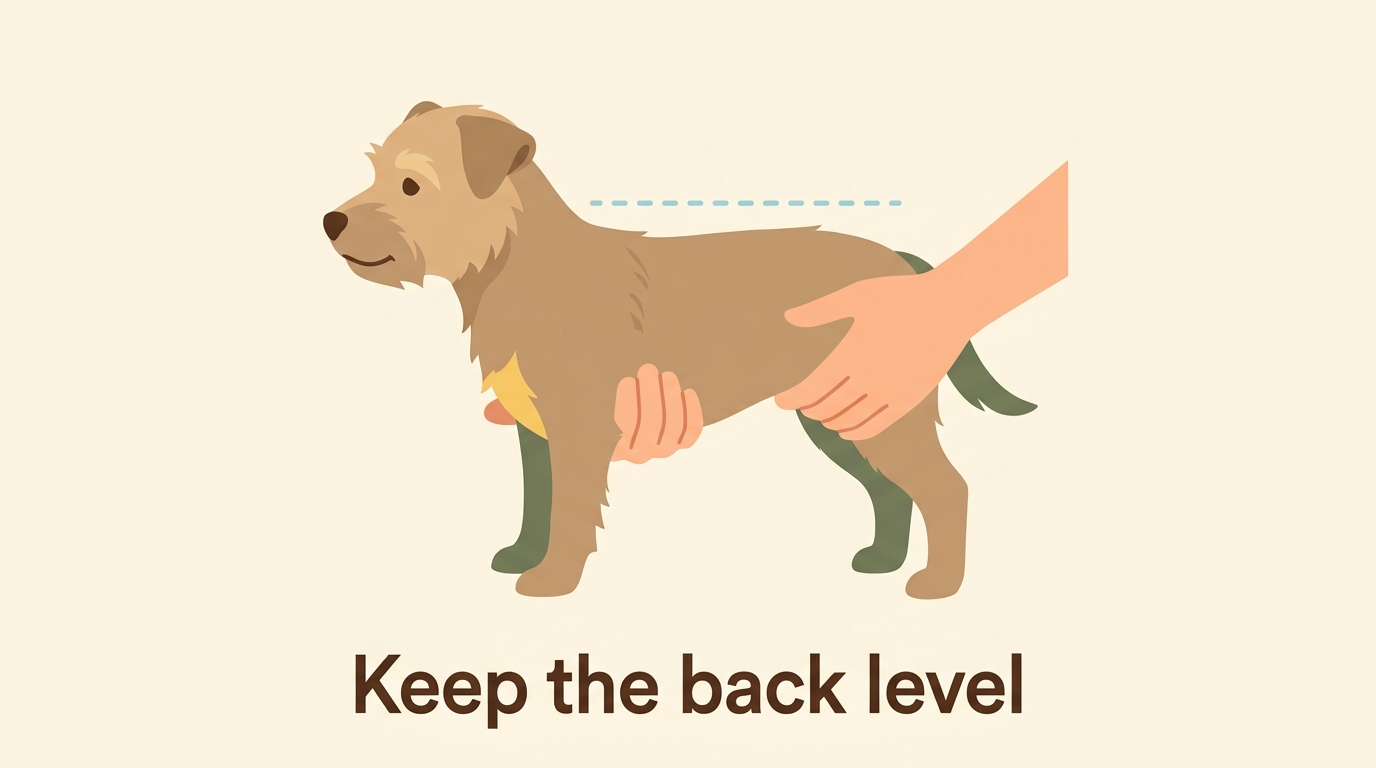An illustration of two hands gently supporting a dog's body so its back stays straight and level, with a dashed line showing the spine kept horizontal