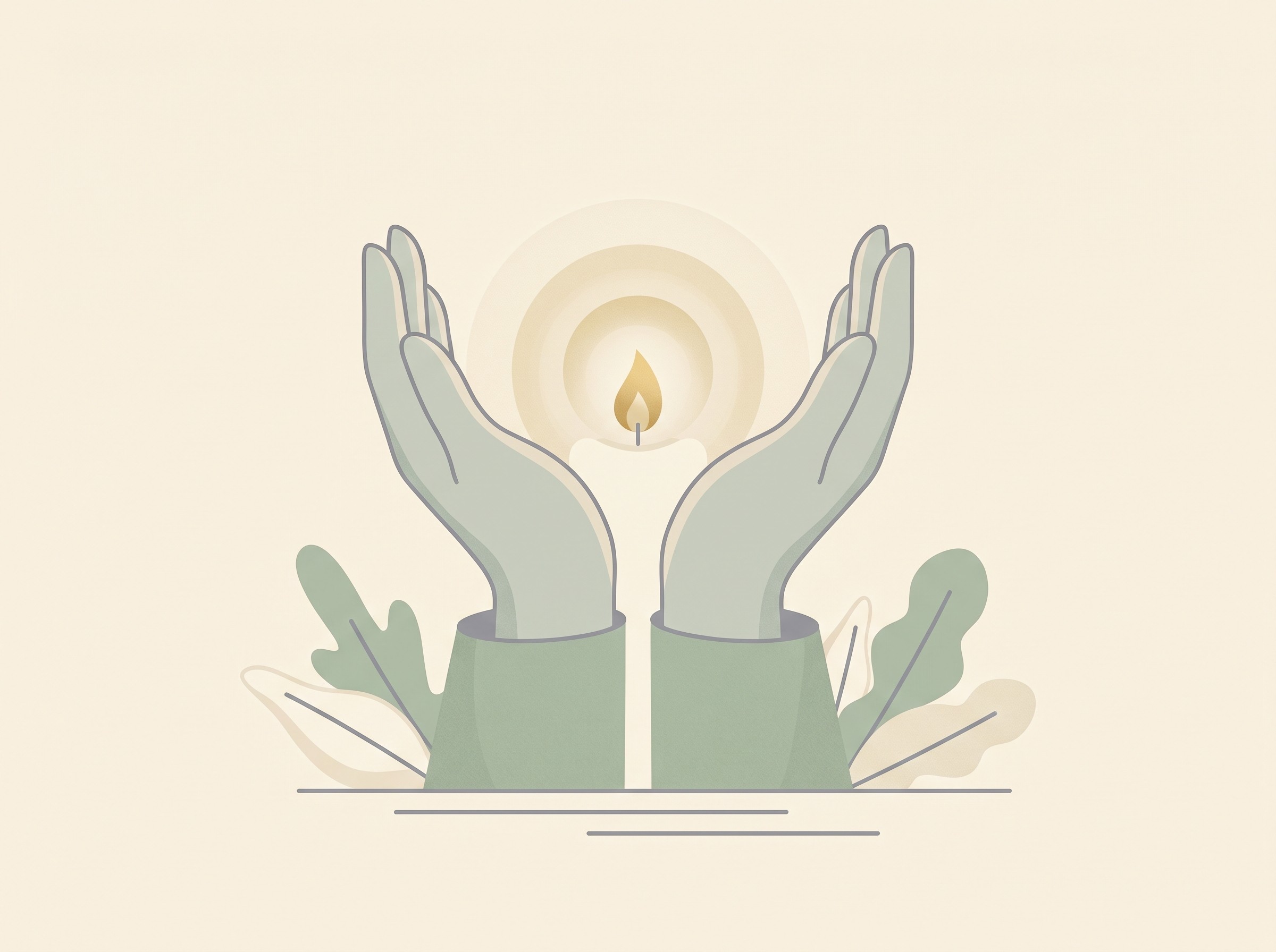 Two cupped hands holding a single small candle flame in soft light, in a quiet cream and sage palette, gently illustrating recognition and being seen