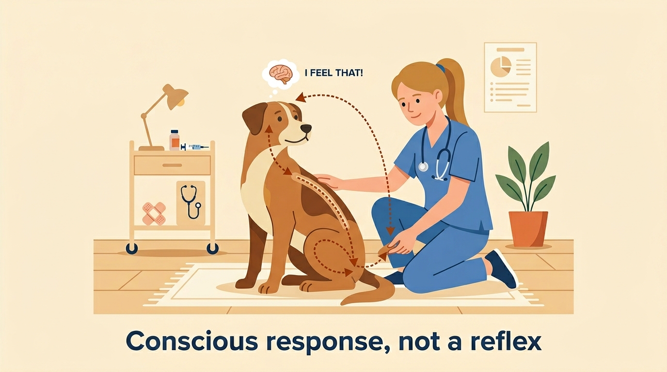 An illustration of a vet pinching a dog's hind toe while the dog turns its head to look round, showing the response reaching the brain