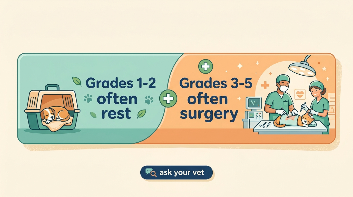 A two-zone strip showing grades 1 to 2 often managed with rest and grades 3 to 5 often needing surgery, with a prompt to ask your vet