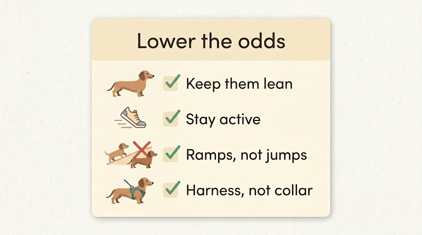 A dachshund prevention checklist of lean weight, activity, ramps and a harness