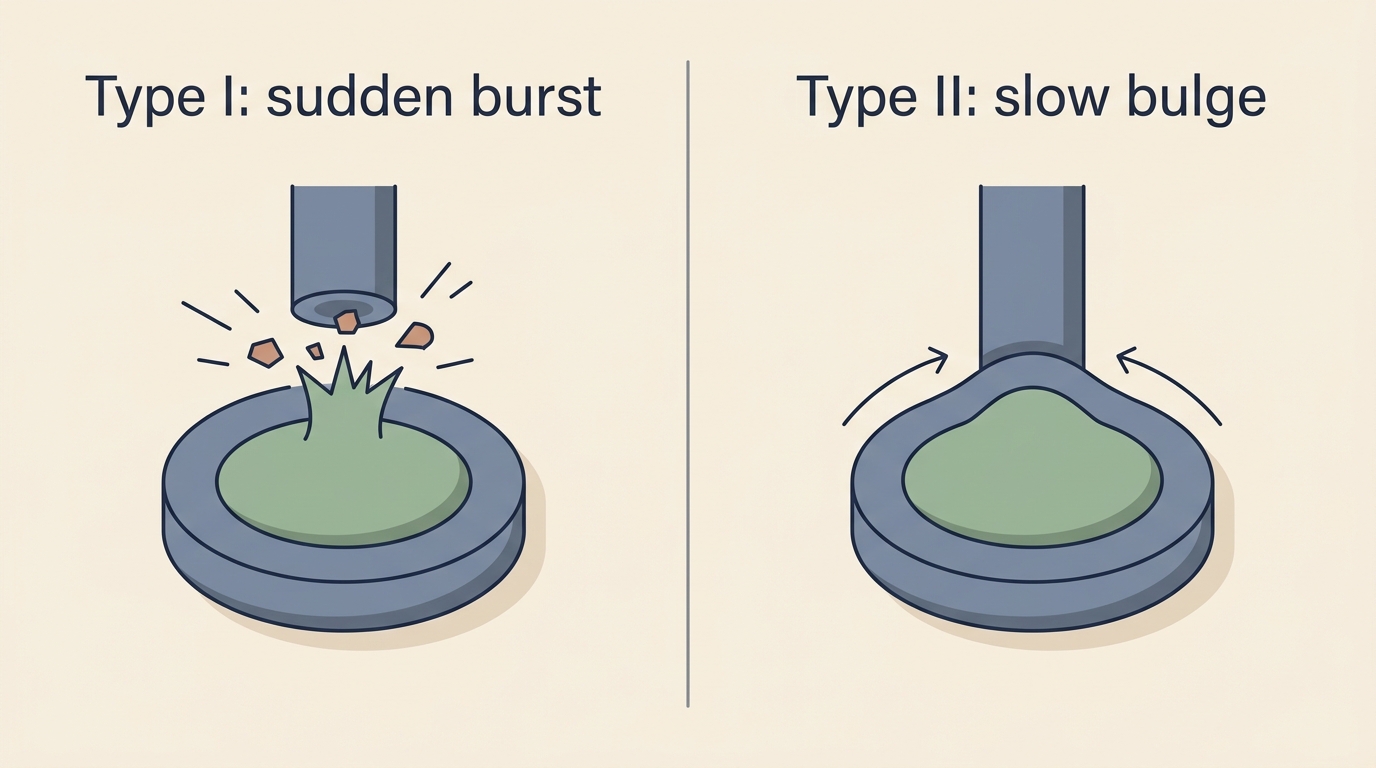 Two simple panels contrasting a burst Type I disc with a bulging Type II disc
