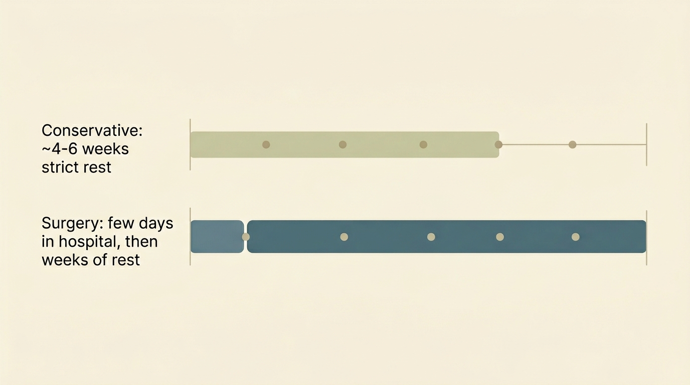 Two horizontal timeline bars comparing the conservative and surgical recovery timelines